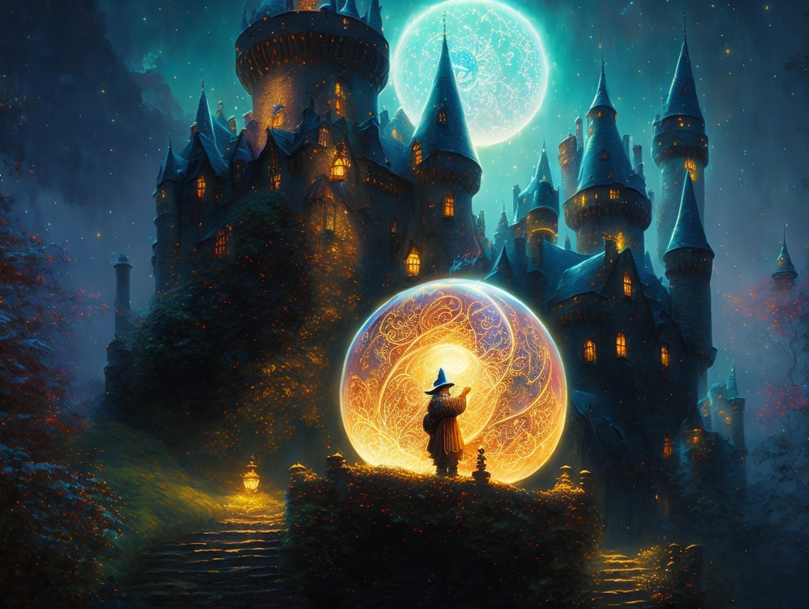 Mystical castle and wizard under a starry night sky