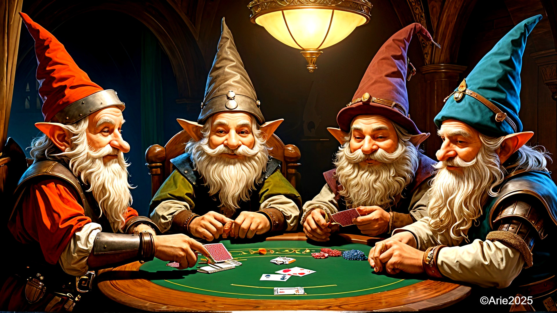 Gnome Characters Playing Cards at a Green Felt Table