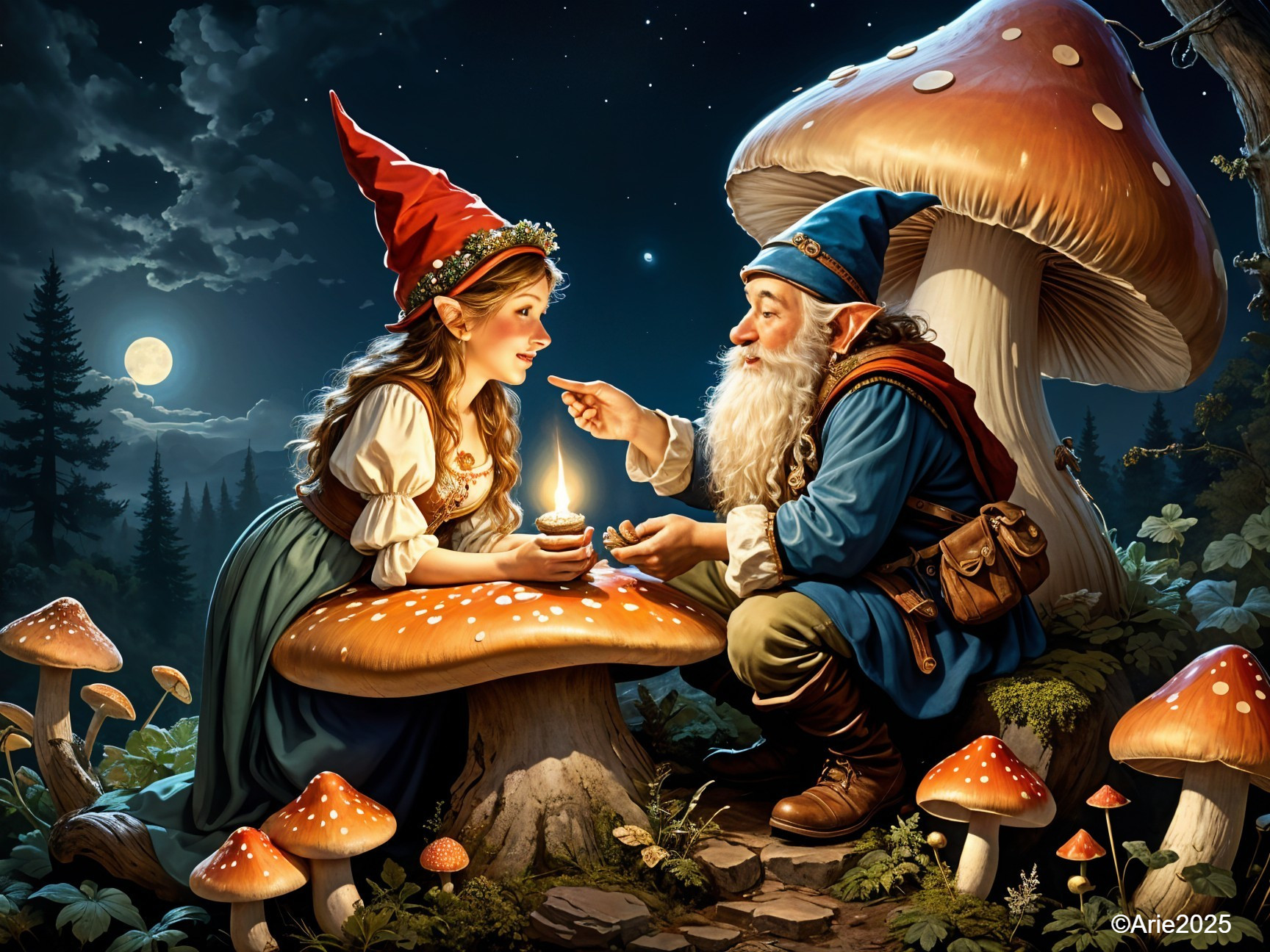 Whimsical Forest Scene with Gnome and Fairy Interaction