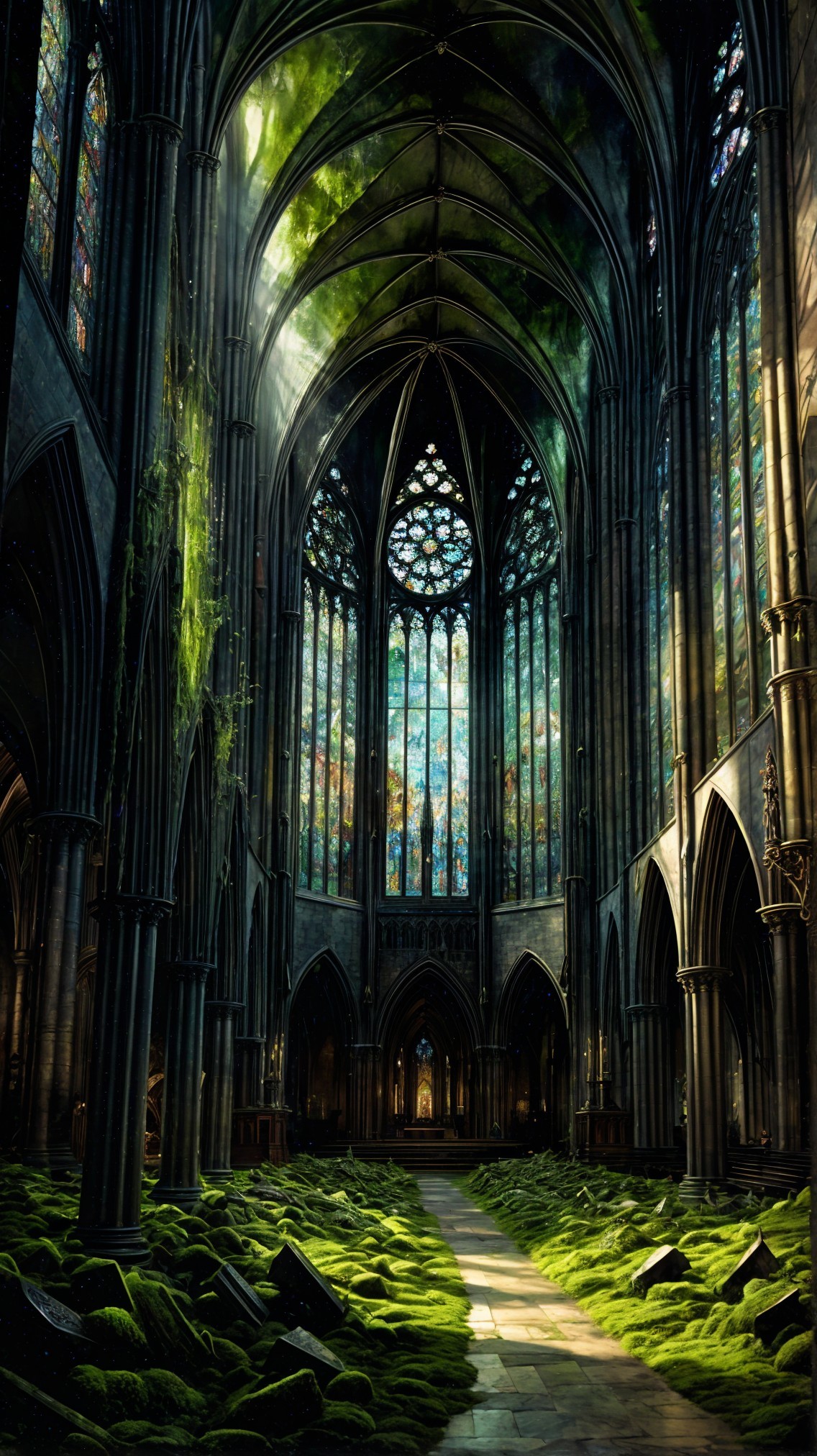 Gothic Cathedral Interior with Stained Glass and Moss