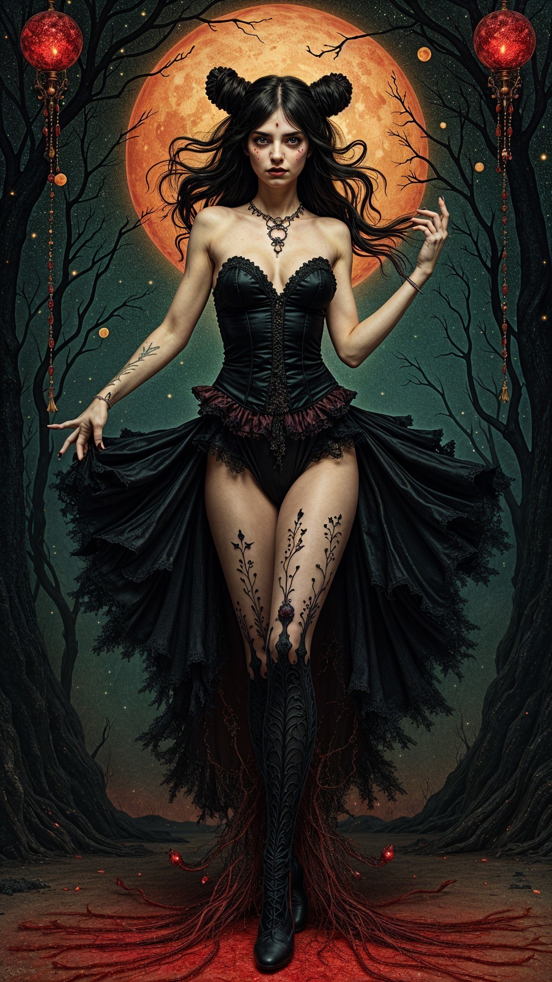 Mysterious Woman in Moonlit Forest with Lanterns