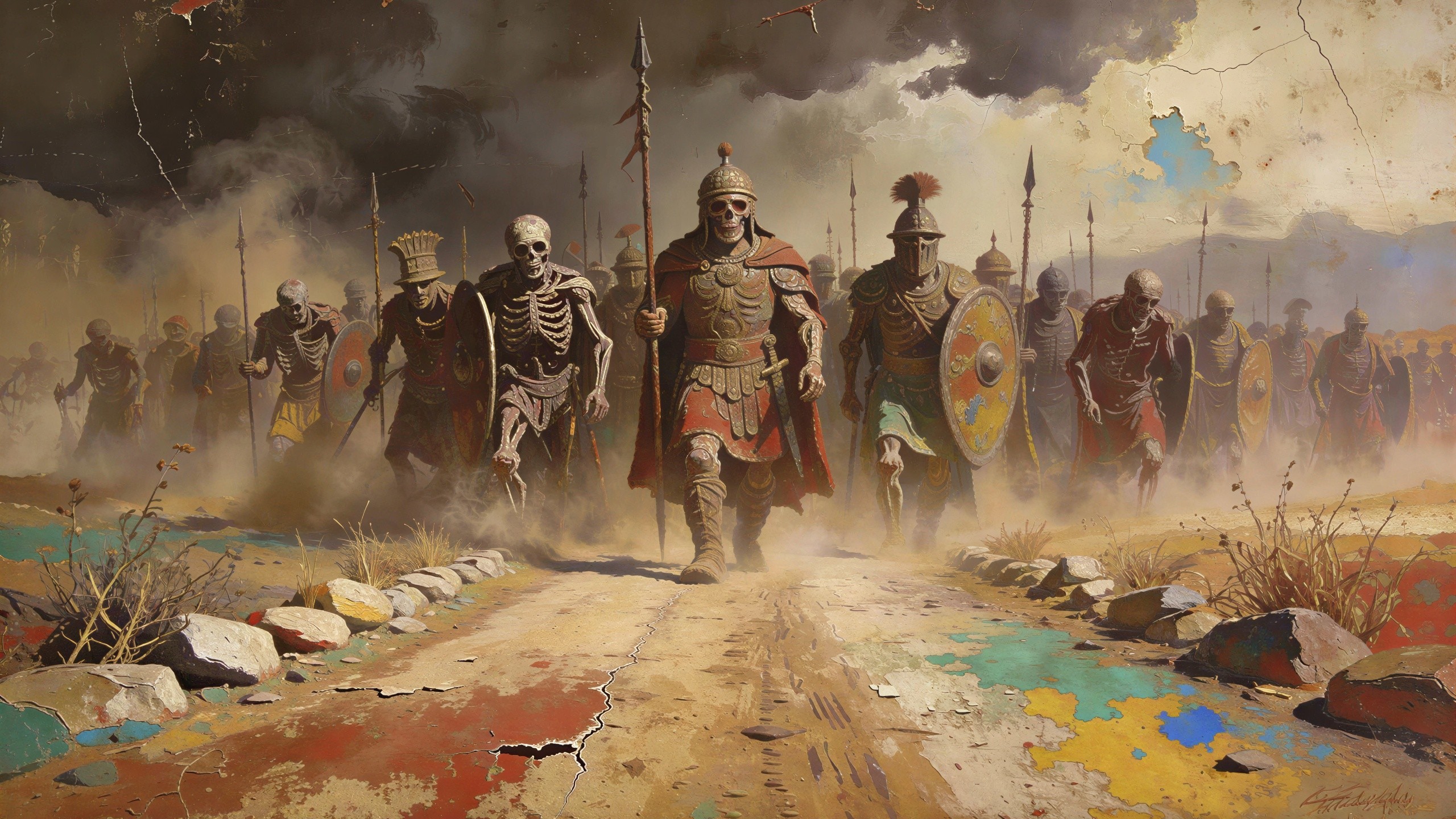 Skeletal Roman Soldiers Marching on Dusty Road