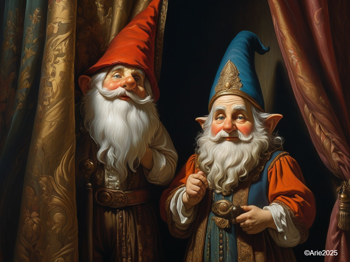 Whimsical Gnomes Behind Luxurious Curtains