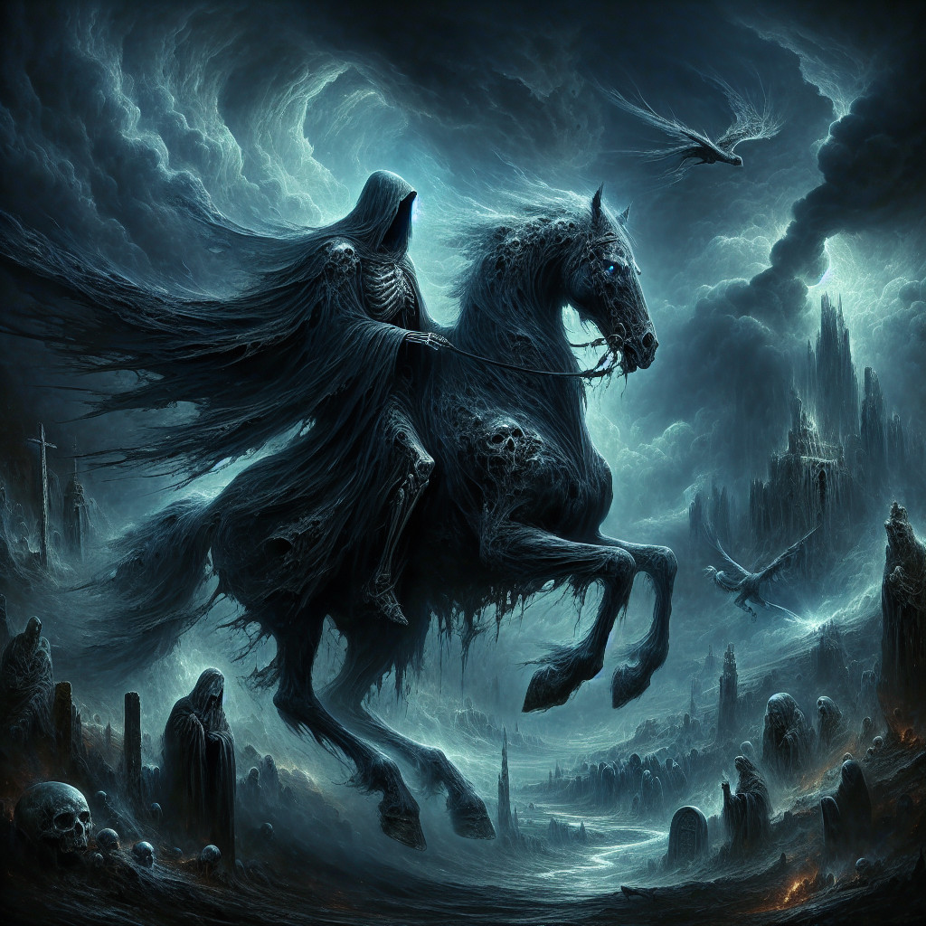 Ethereal Figure on Skeletal Horse in Haunting Landscape