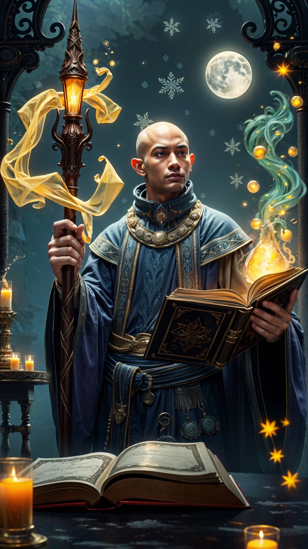 Mysterious Figure in Blue Robes with Glowing Staff