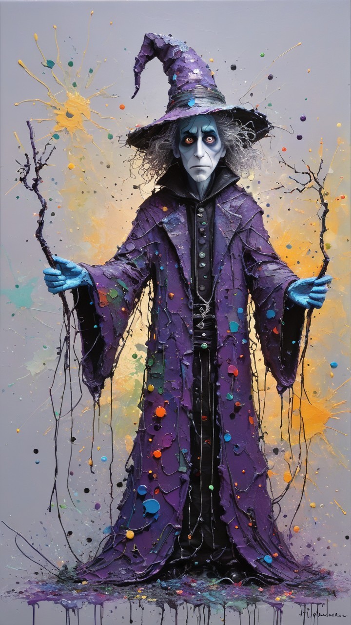 Sinister Figure in Tattered Purple Robe with Branches