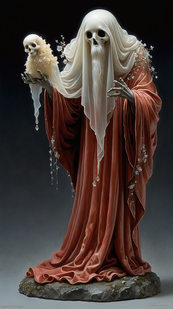 Mysterious Figure in Red Fabric with Skull Object