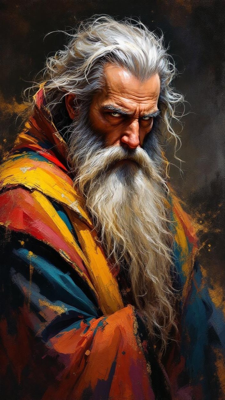 Elderly figure with white hair and colorful robe