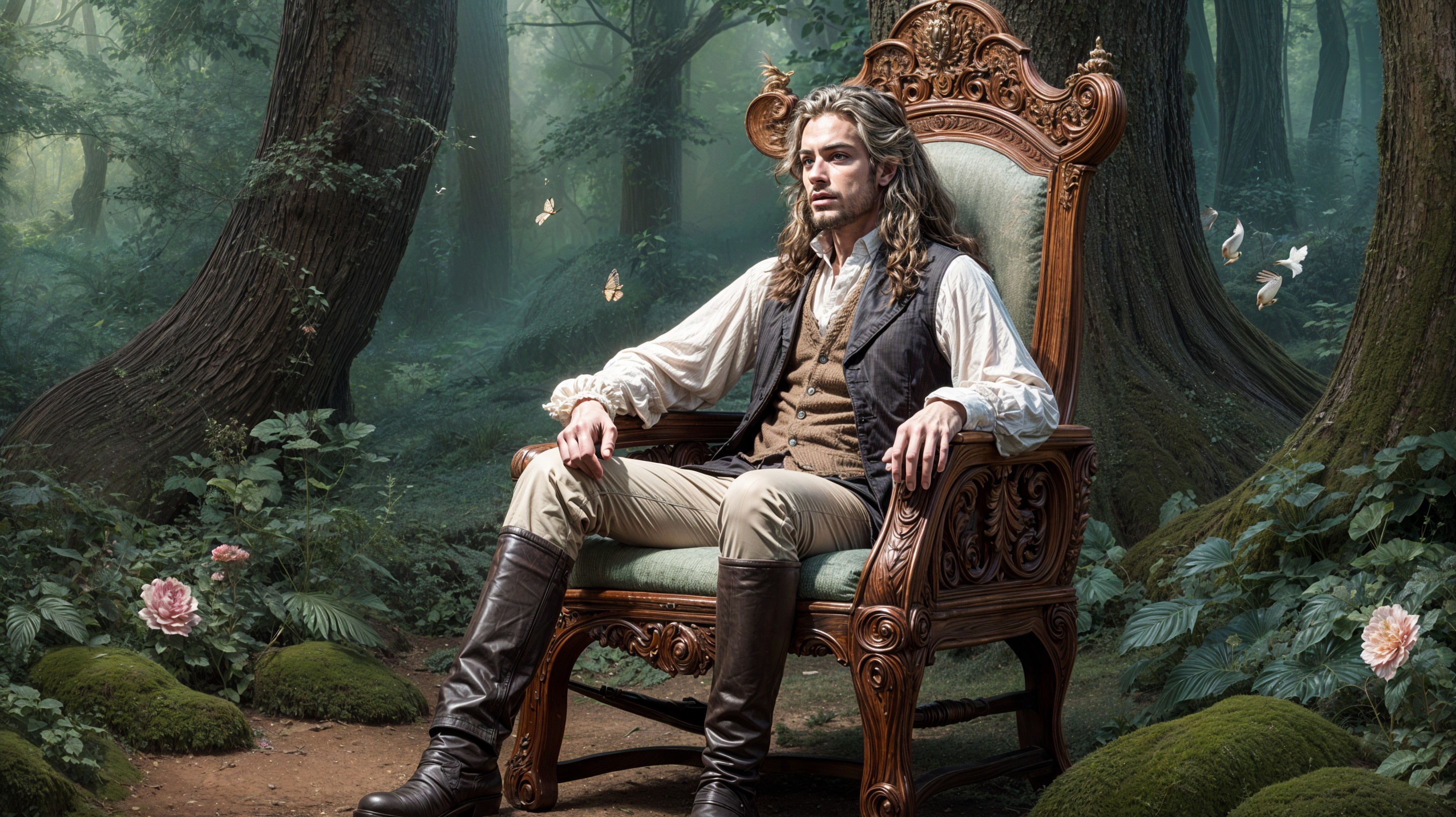 Young man on ornate throne in enchanted forest
