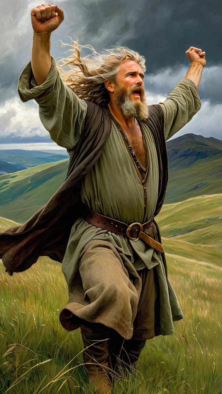 Rugged Figure Celebrating on Grassy Hilltop