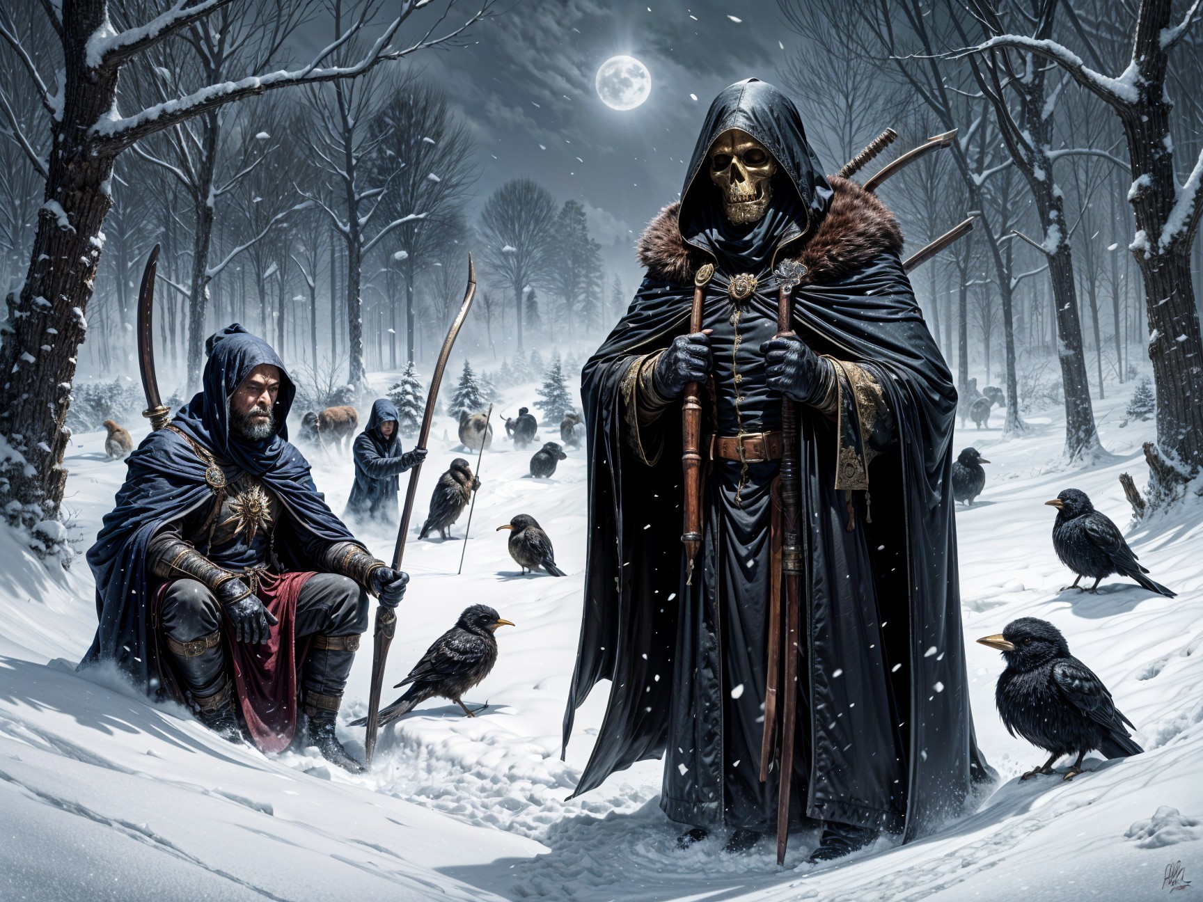 Cloaked Figures in a Snowy, Moonlit Forest Scene
