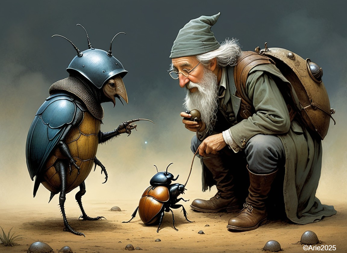 Elderly Man Engaging with Oversized Beetles in Fantasy Setting