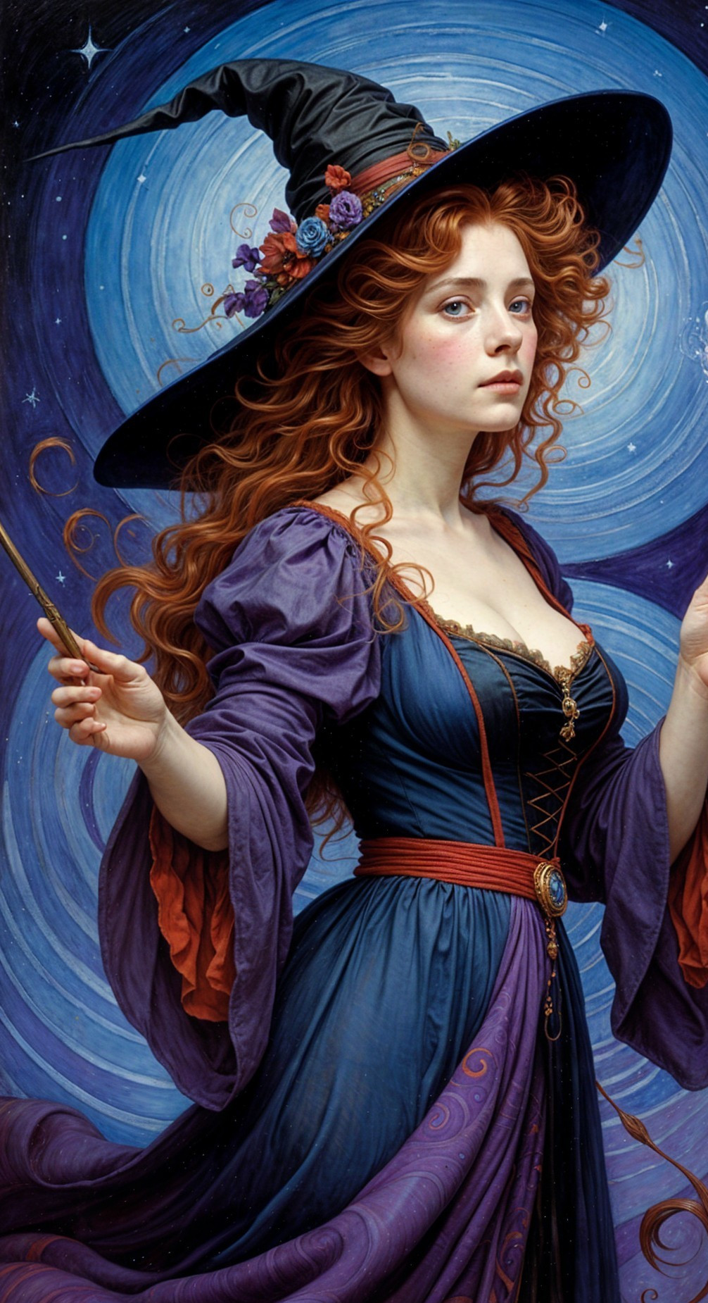 Young witch in blue gown with wand and night sky backdrop