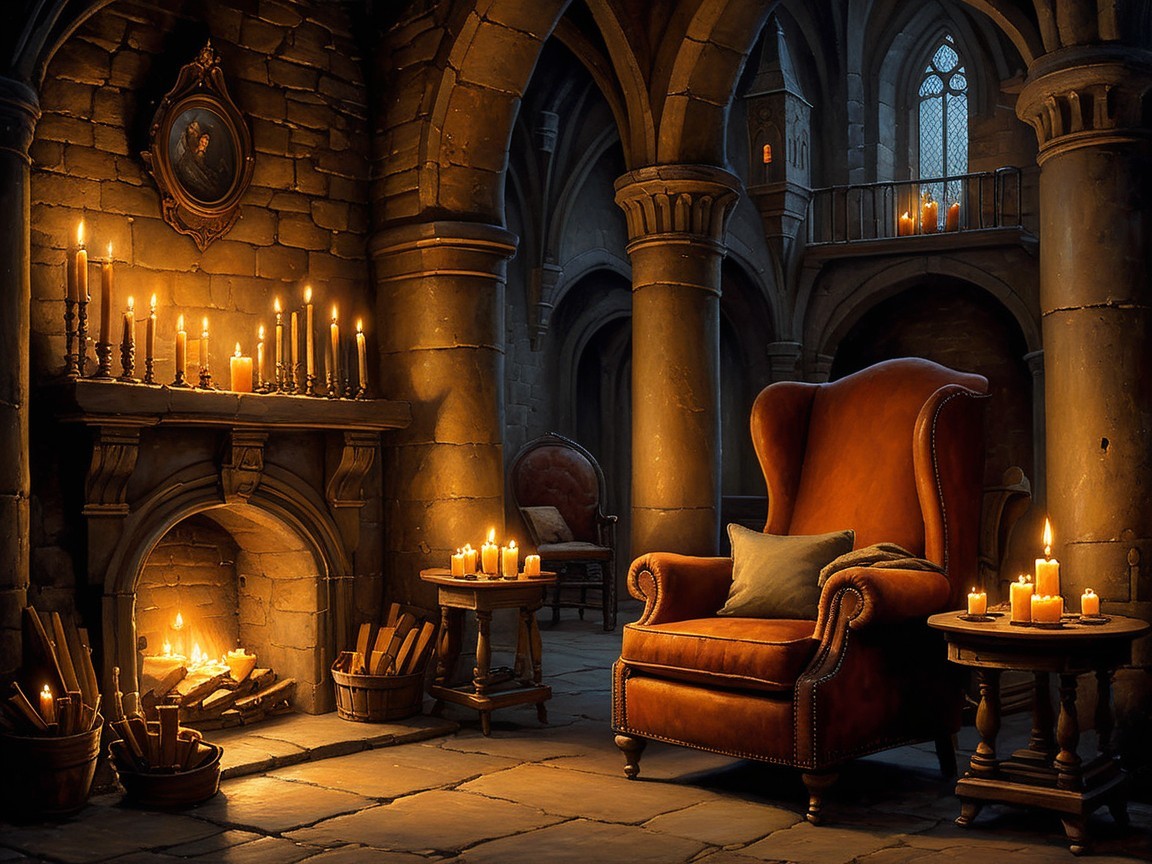 Medieval Room with Candlelight and Fireplace Ambiance