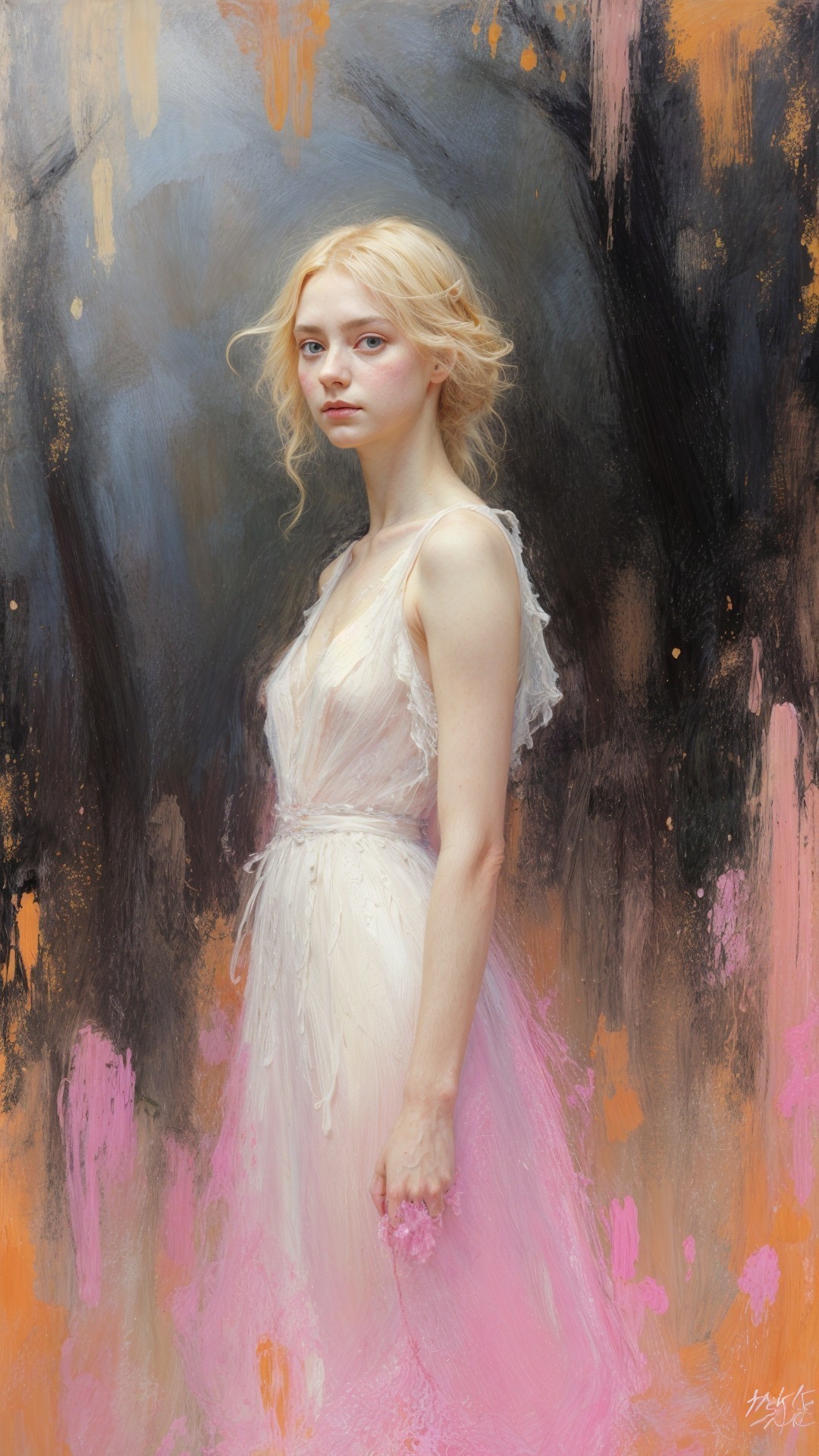 Young Woman in Ethereal Setting with Flowing Dress