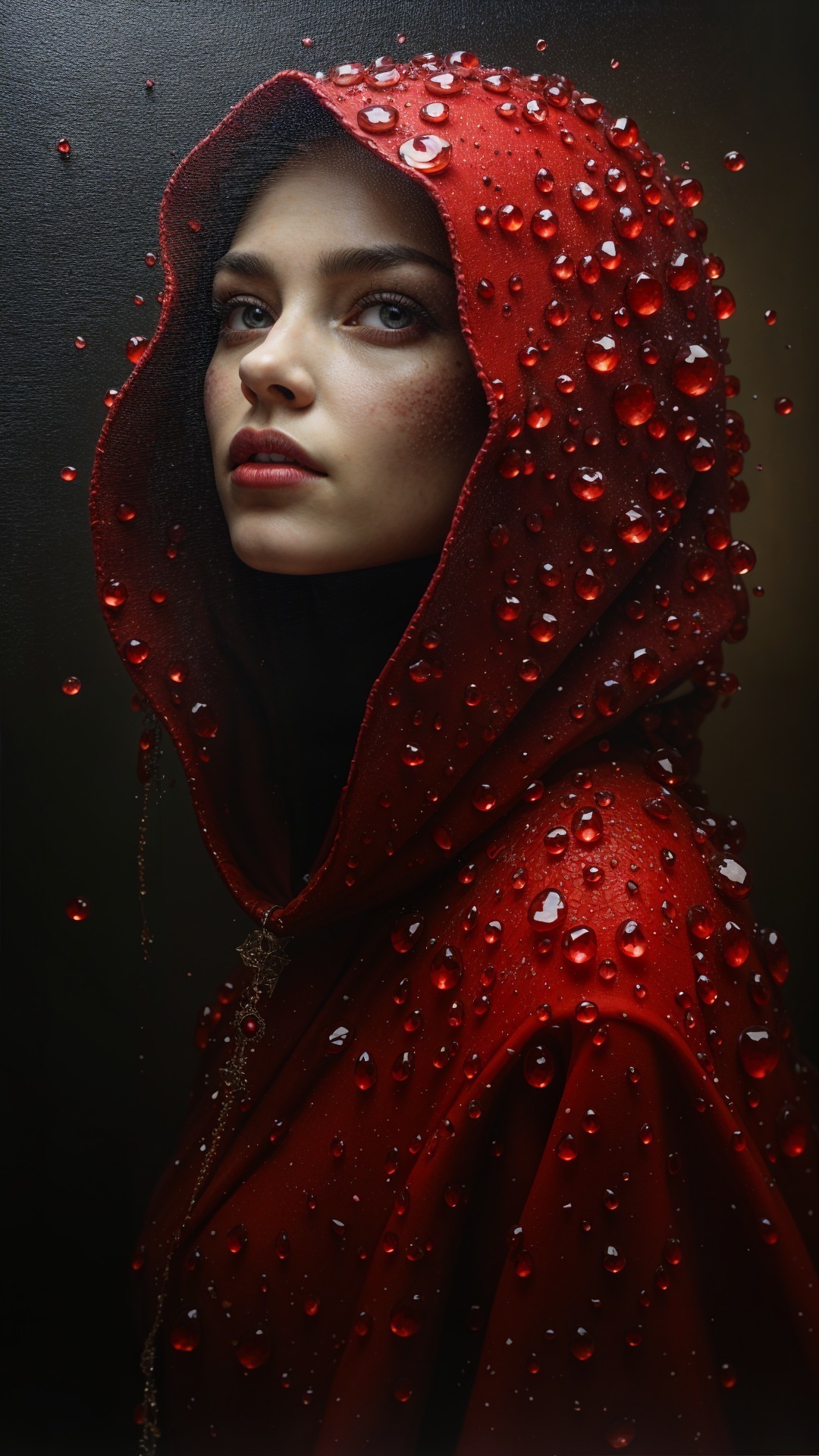 Young Woman in Red Cloak with Water Droplets