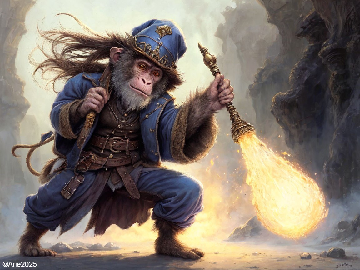 Whimsical Monkey Officer in Rocky Landscape with Torch