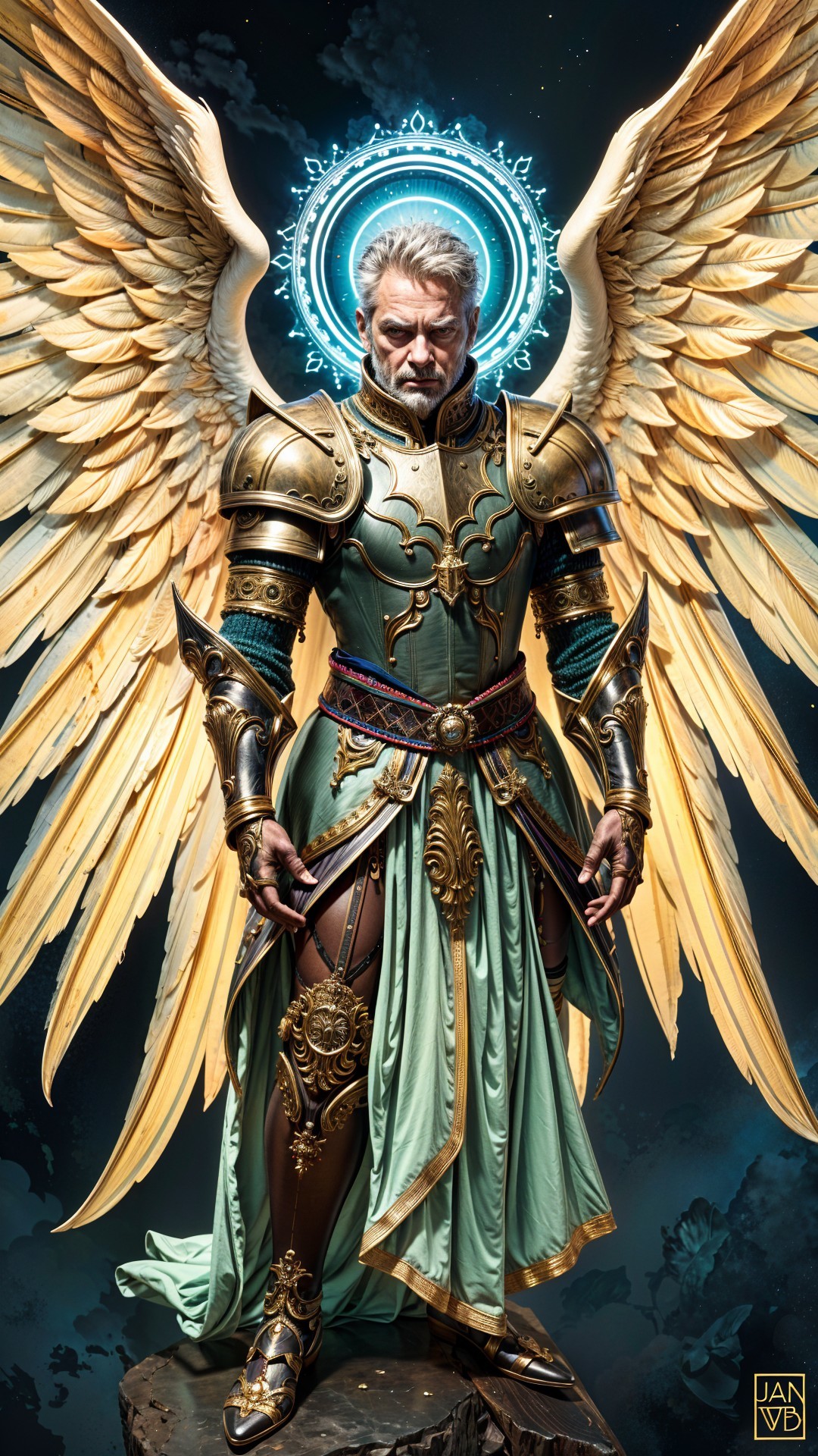 Majestic armored figure with celestial wings and robe