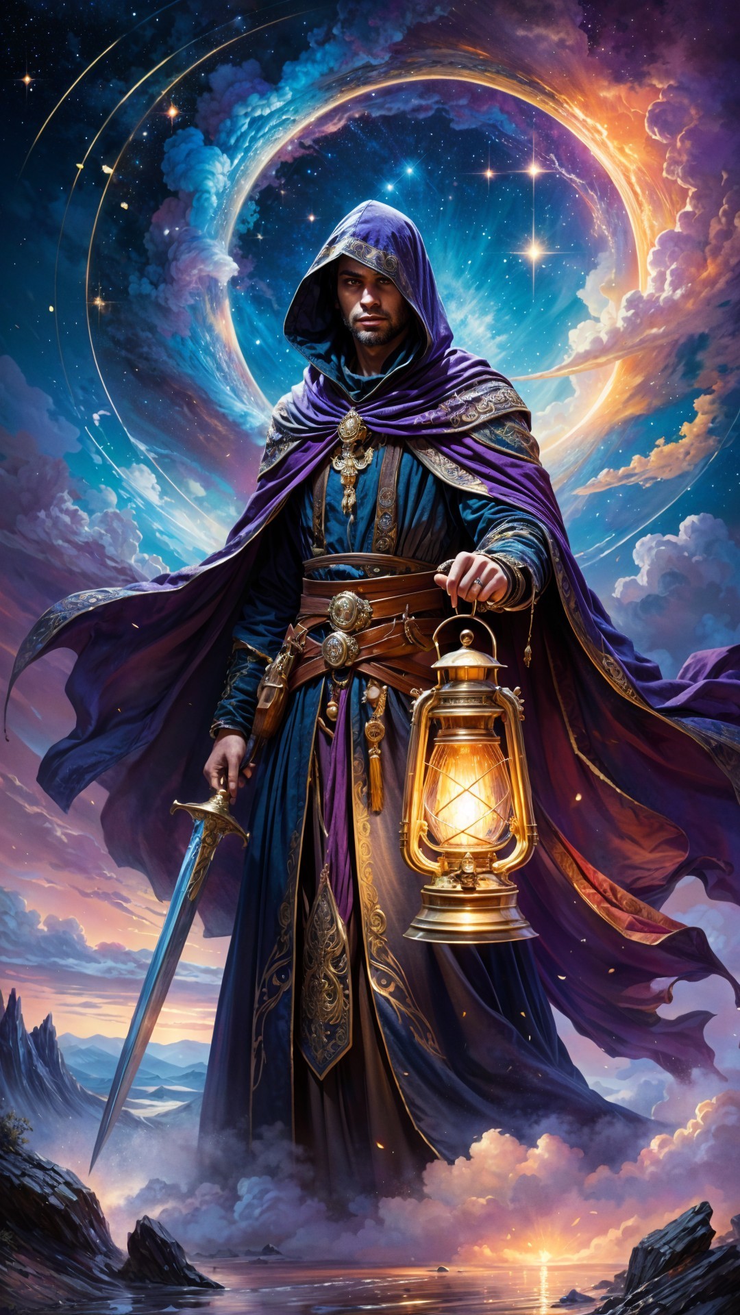 Majestic figure in robes with lantern and sword