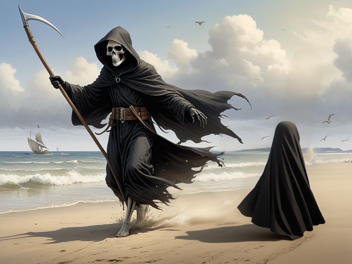 Skeletal Figure in Cloak on a Beach with Scythe