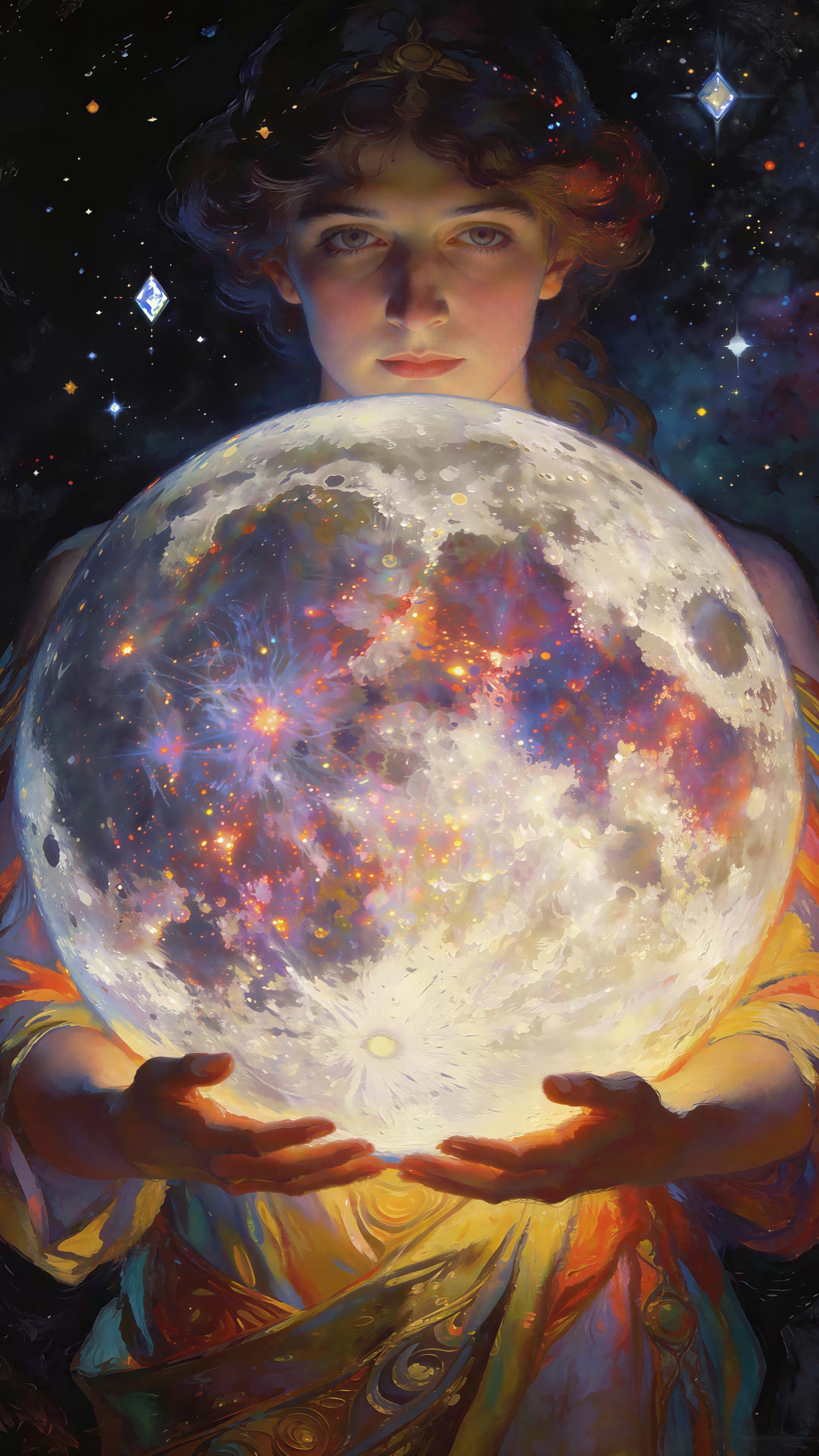 Young woman holding glowing moon in cosmic scene