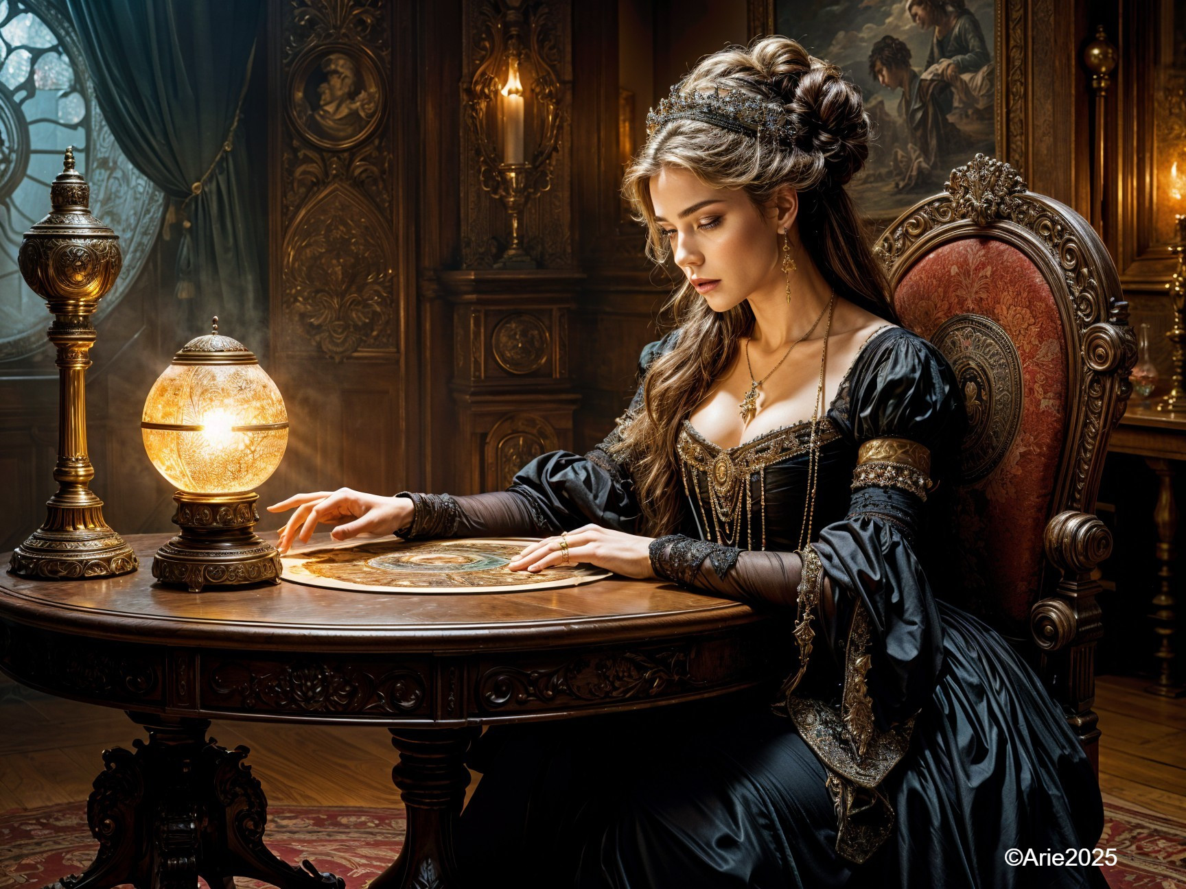 Elegant Woman in Black Gown at Ornate Table