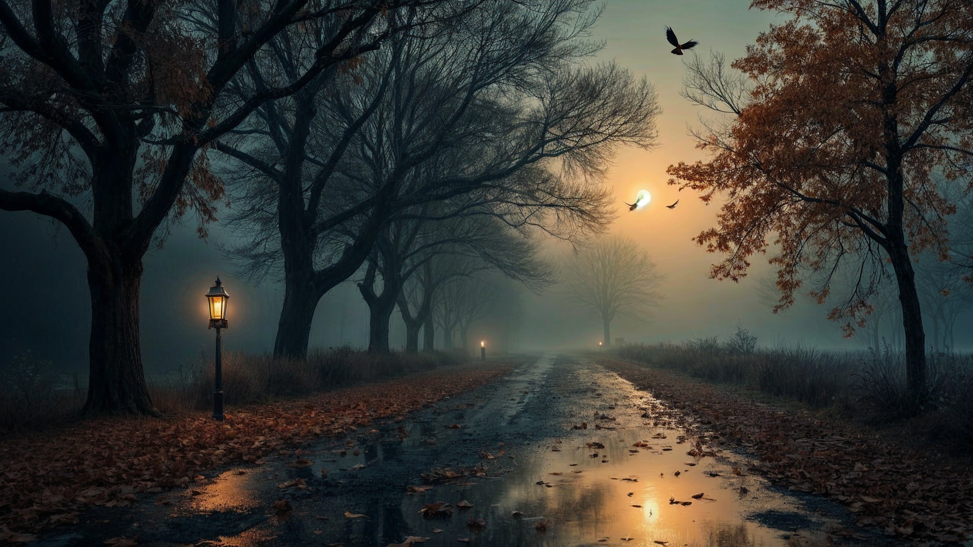 Serene Autumn Sunset Over a Misty Lane