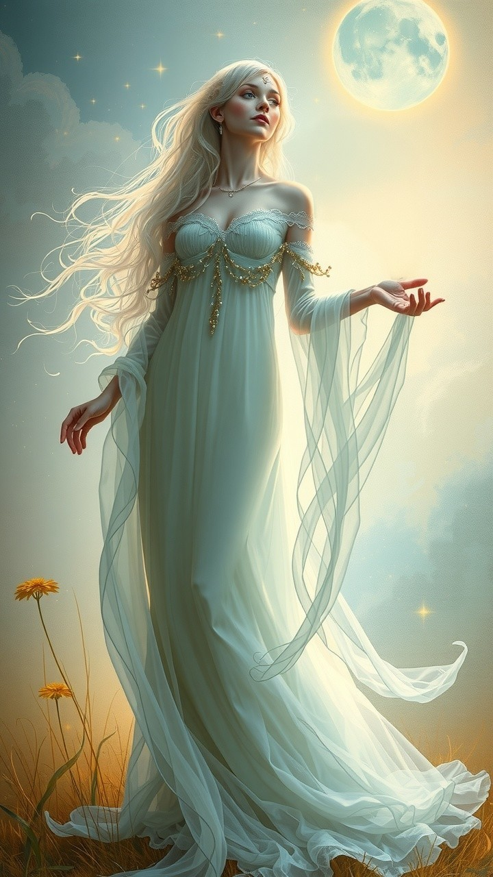 Mystical Figure in Serene Moonlit Landscape