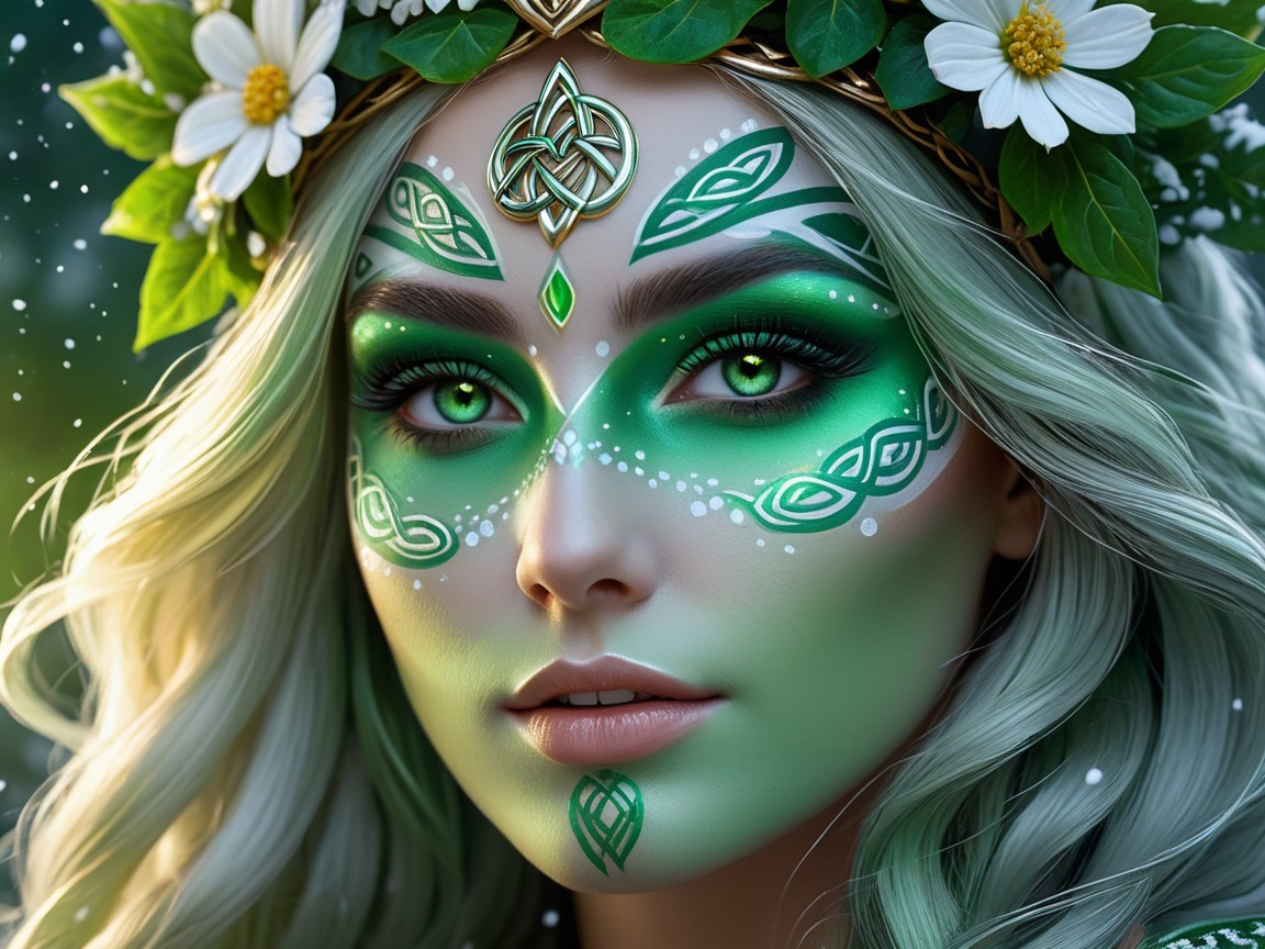 Woman with Green Face Paint in Enchanting Setting