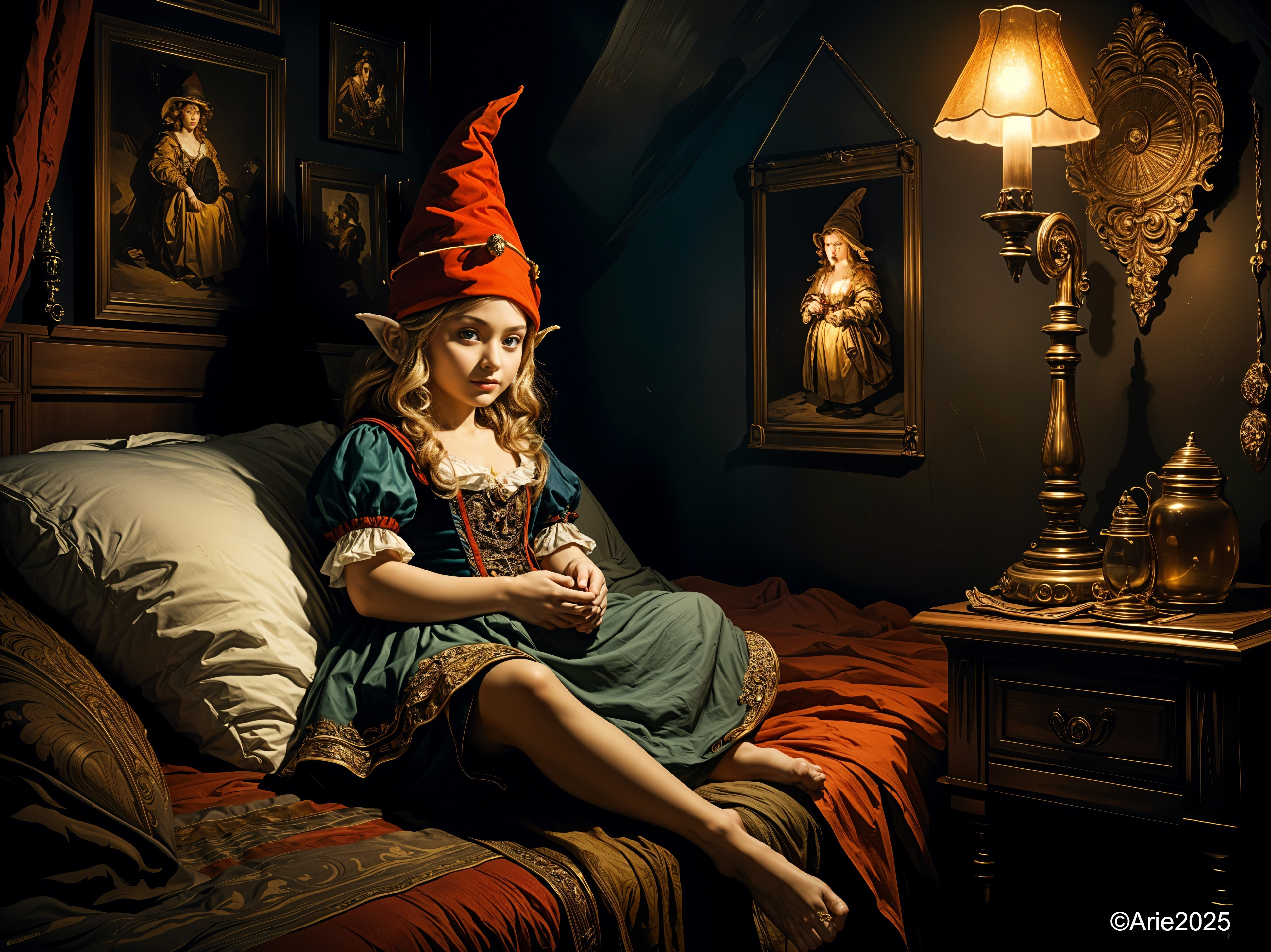 Young girl with pointed ears in a cozy, magical room