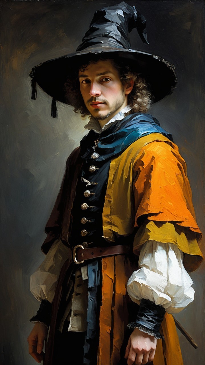 Young man in orange and blue costume with black hat
