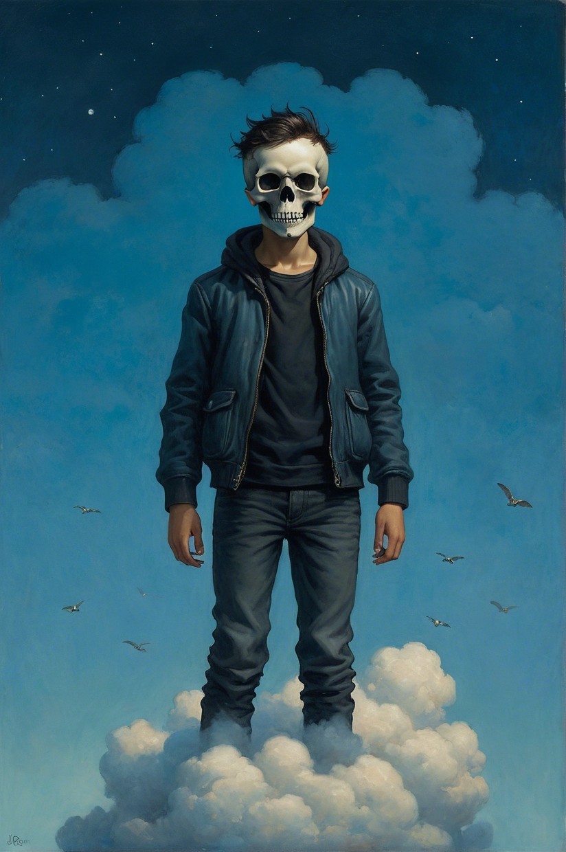 Figure in Hoodie on Cloud with Skull Head Symbolism