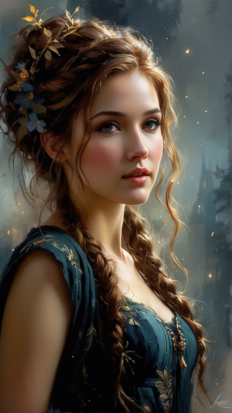 Young woman in blue gown with braided hair and flowers