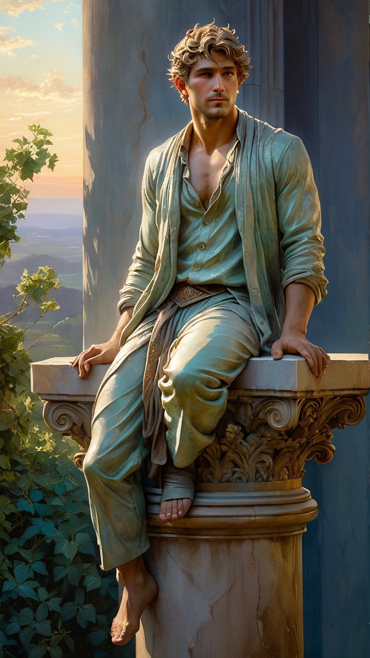 Young man in light-green outfit on classical column
