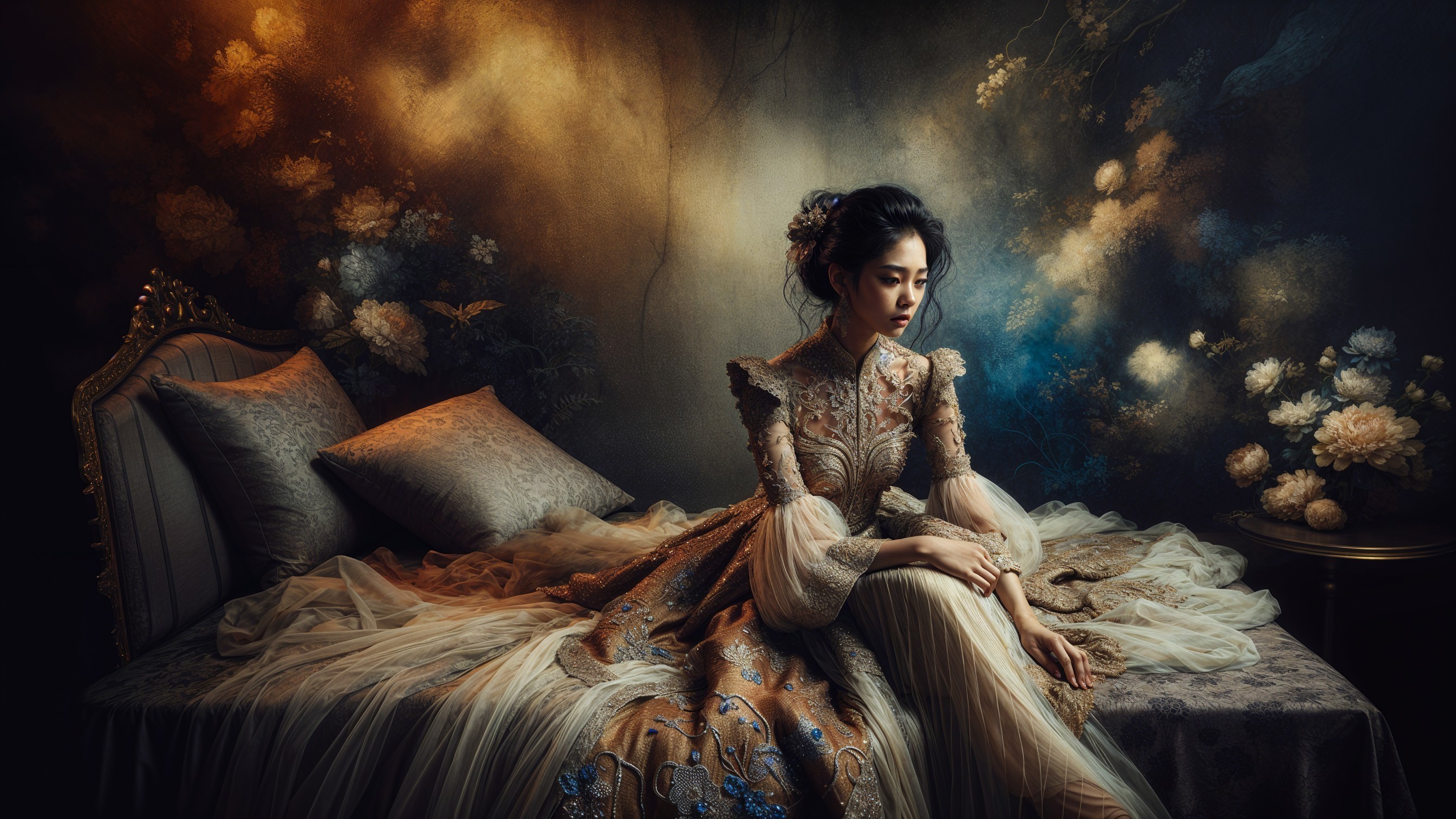 Elegant woman in ornate gown on opulent bed
