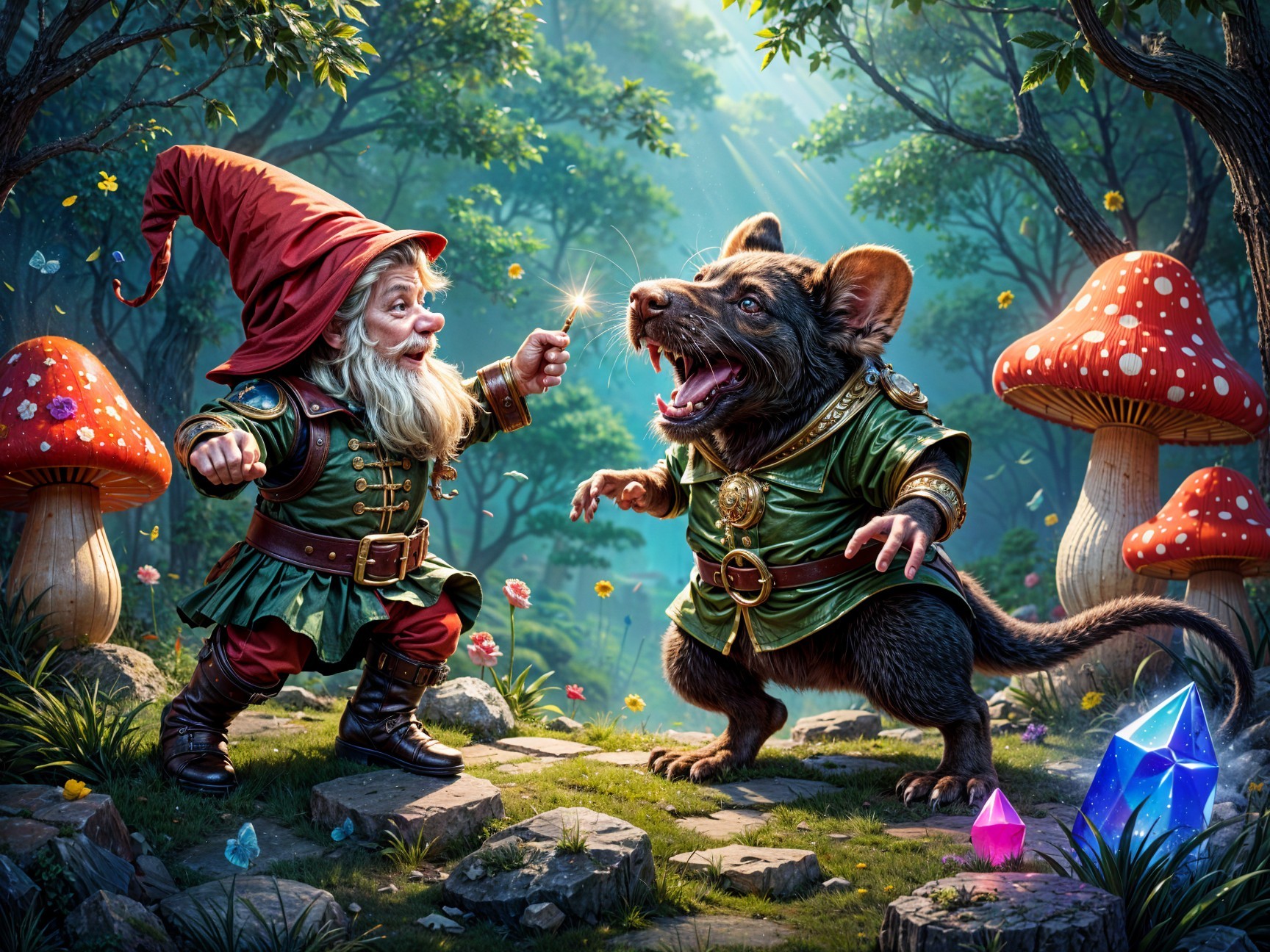 Cheerful gnome with wand and friendly rodent in forest