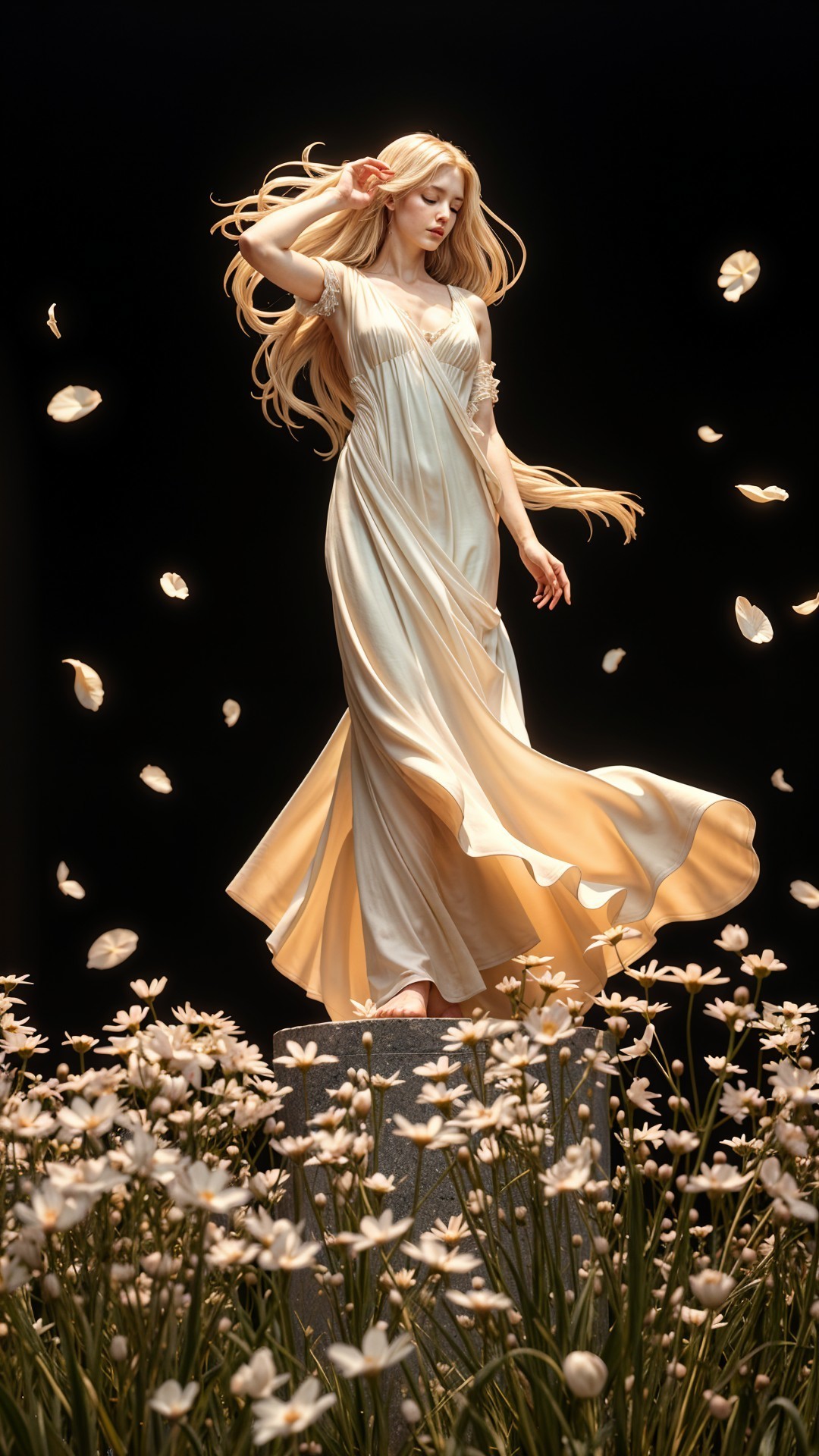 Ethereal figure in cream gown amidst daisies