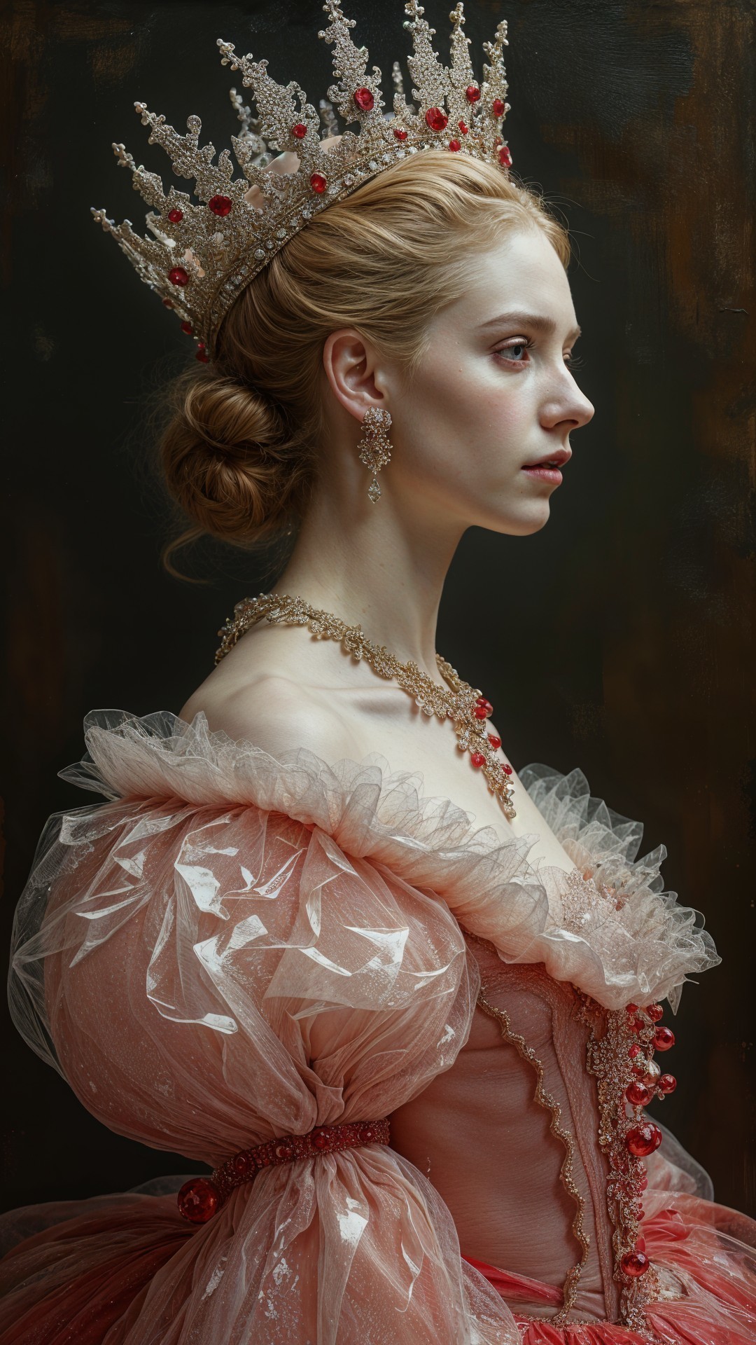 Profile of a young woman in a pink gown and crown