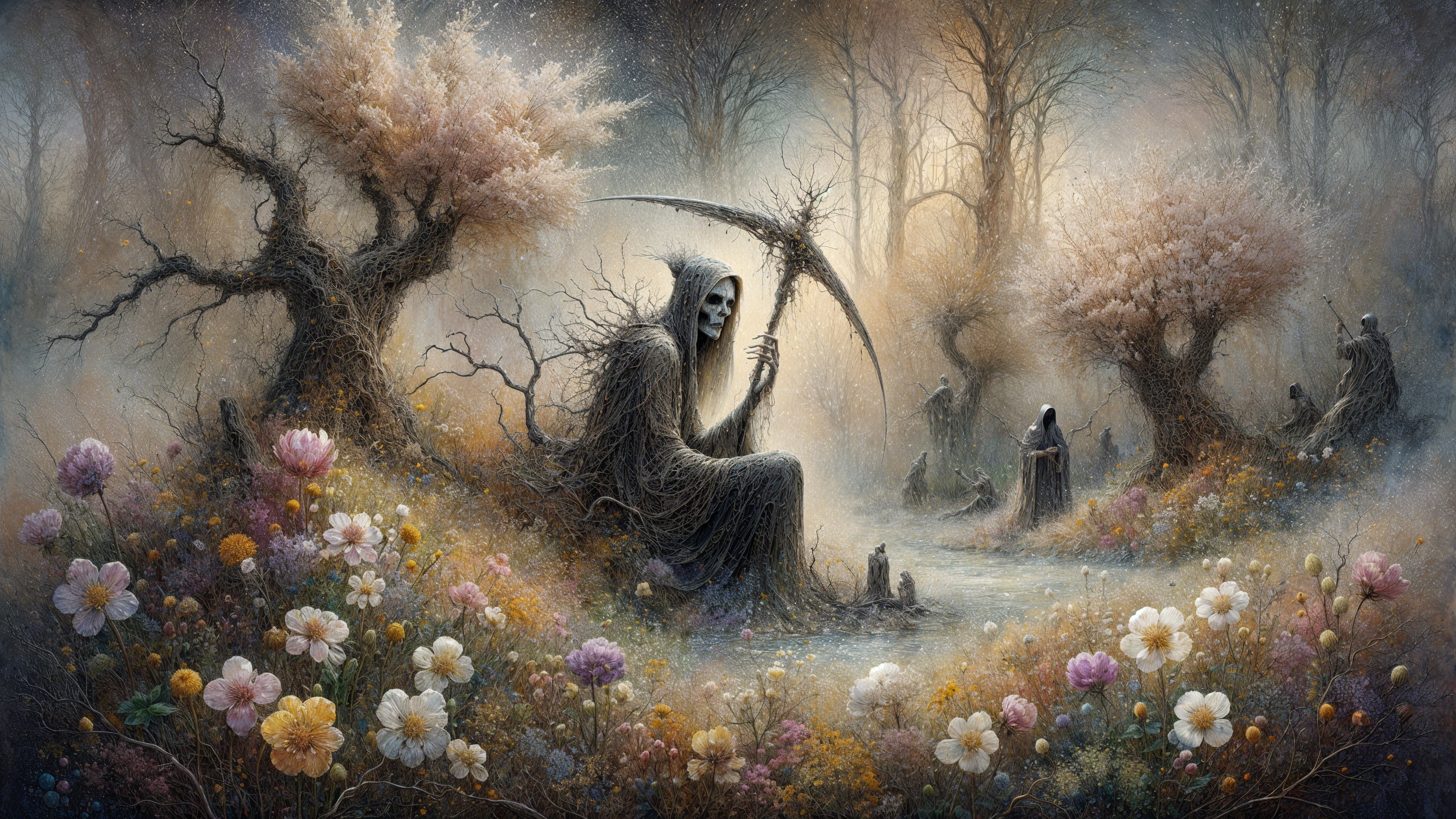 Misty Landscape with Skeletal Figures and Flowers