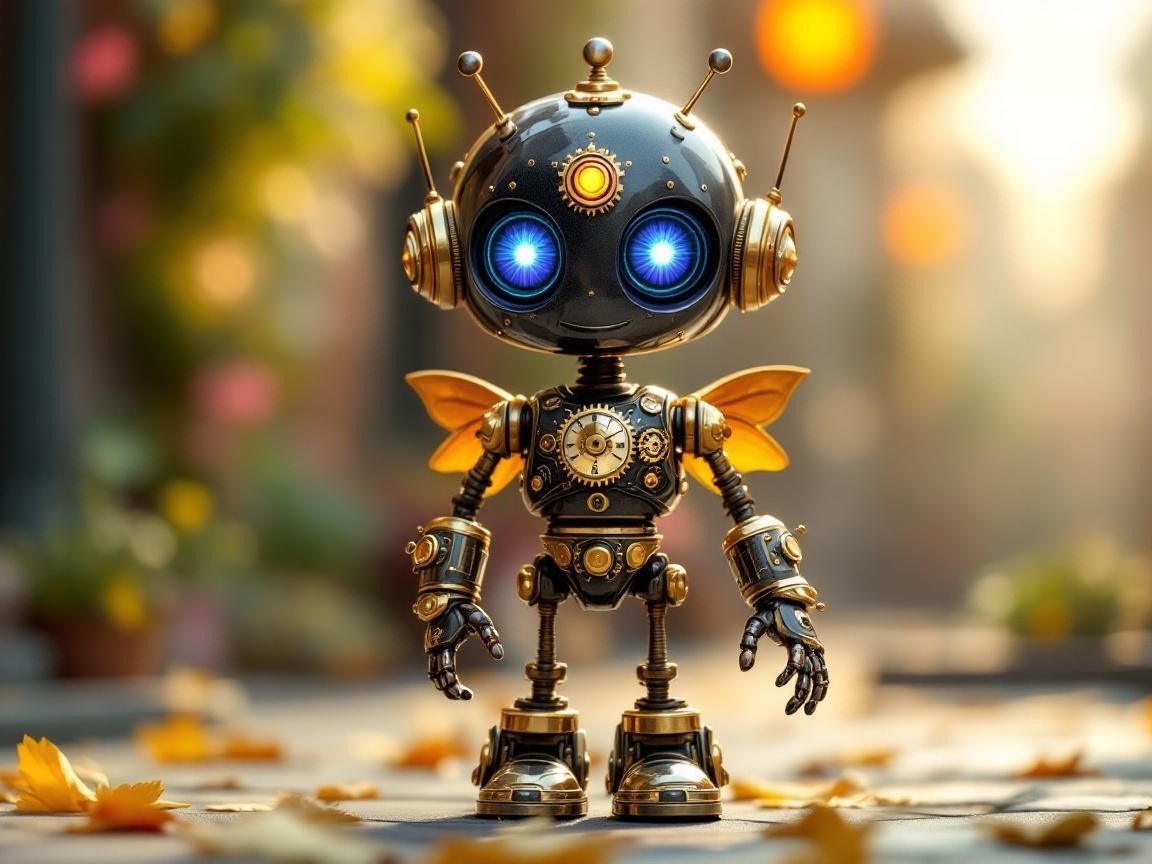 Steampunk Robot in Autumnal Setting with Gears and Wings