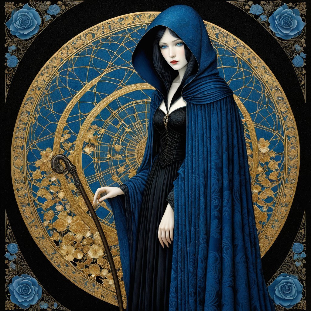Mysterious Figure in Blue Cloak with Staff and Designs