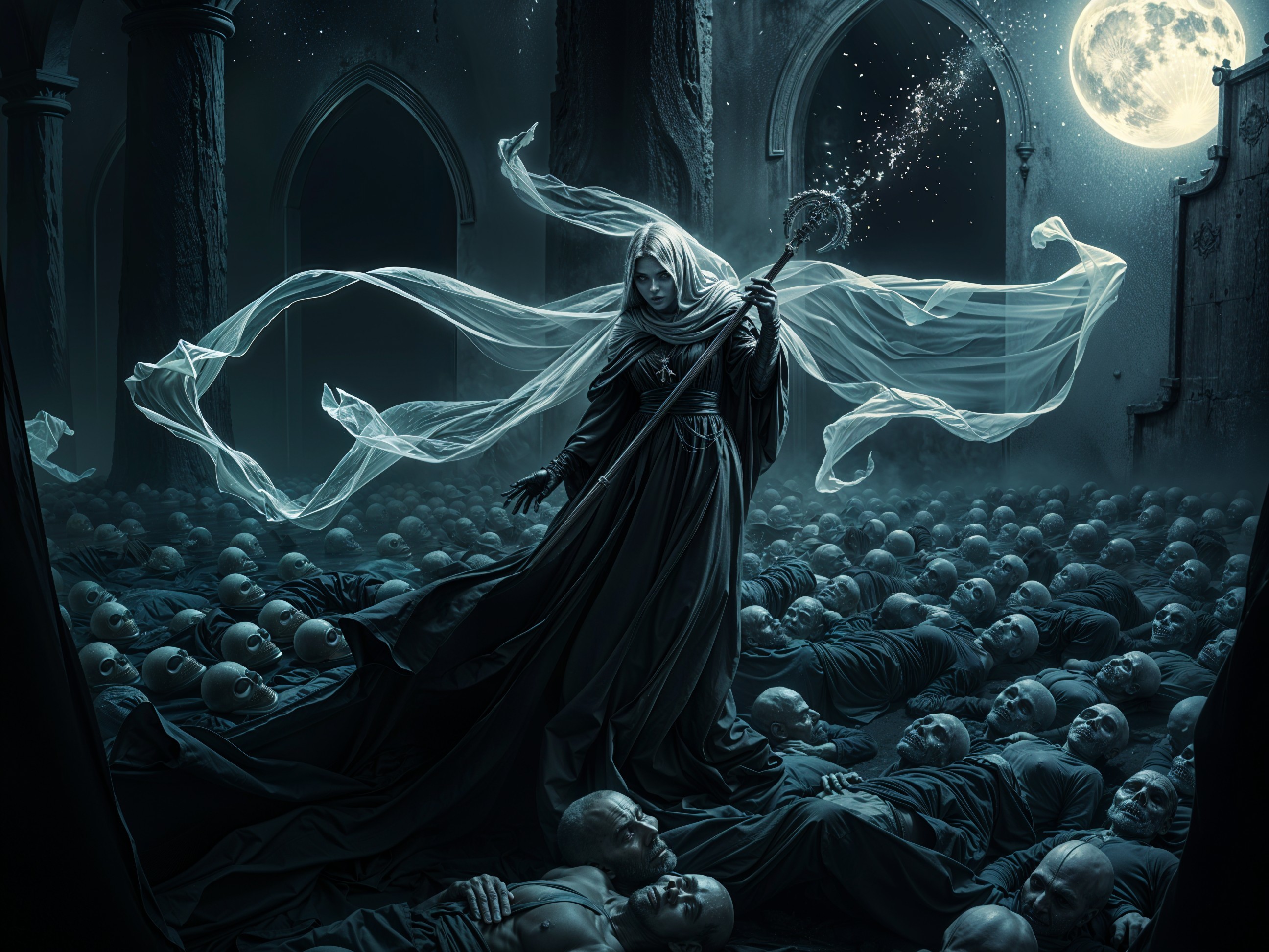Eerie Scene of a Figure in Black Robe with Moonlight