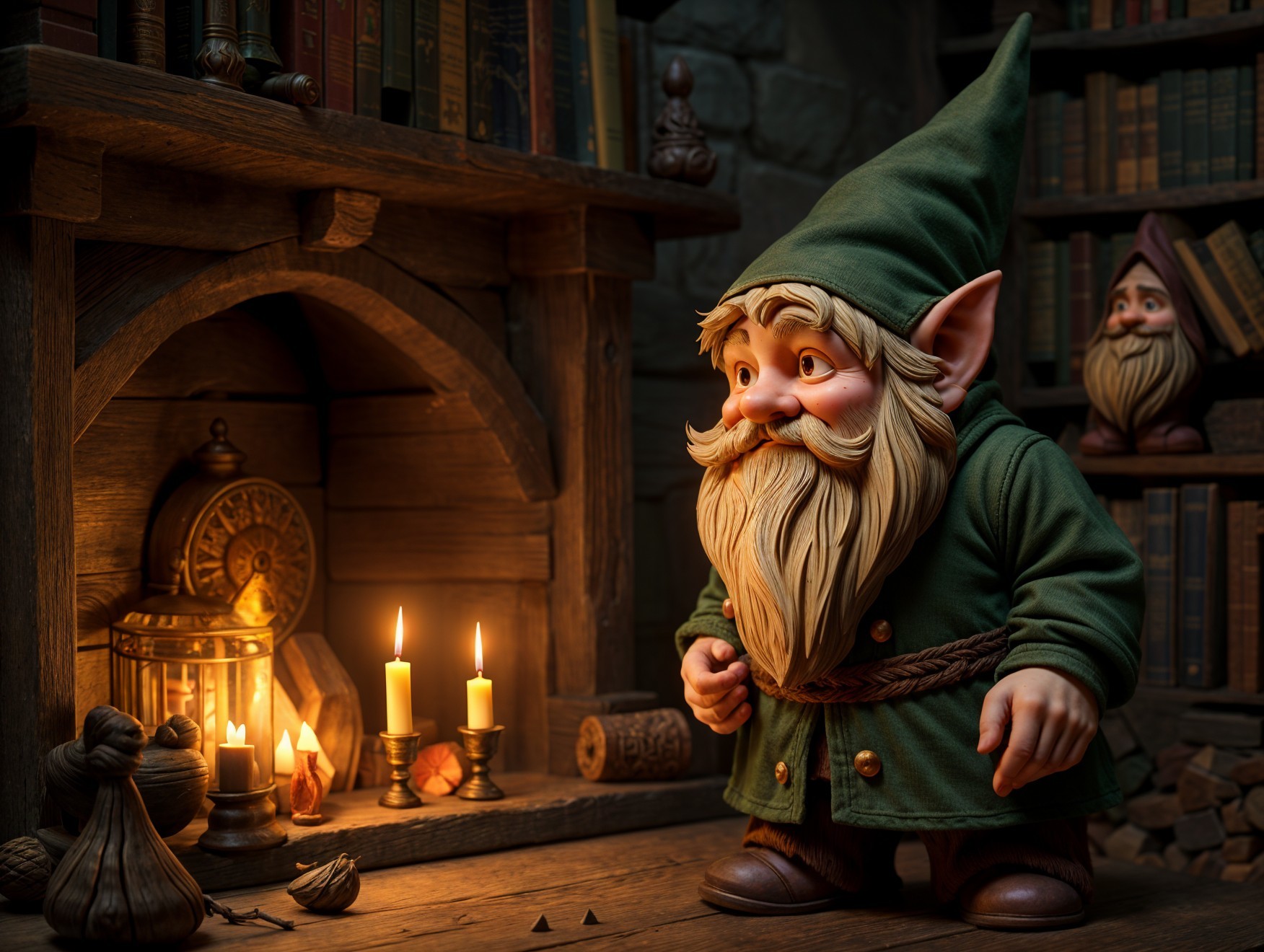 Gnome by Fireplace in Cozy Book-Filled Room