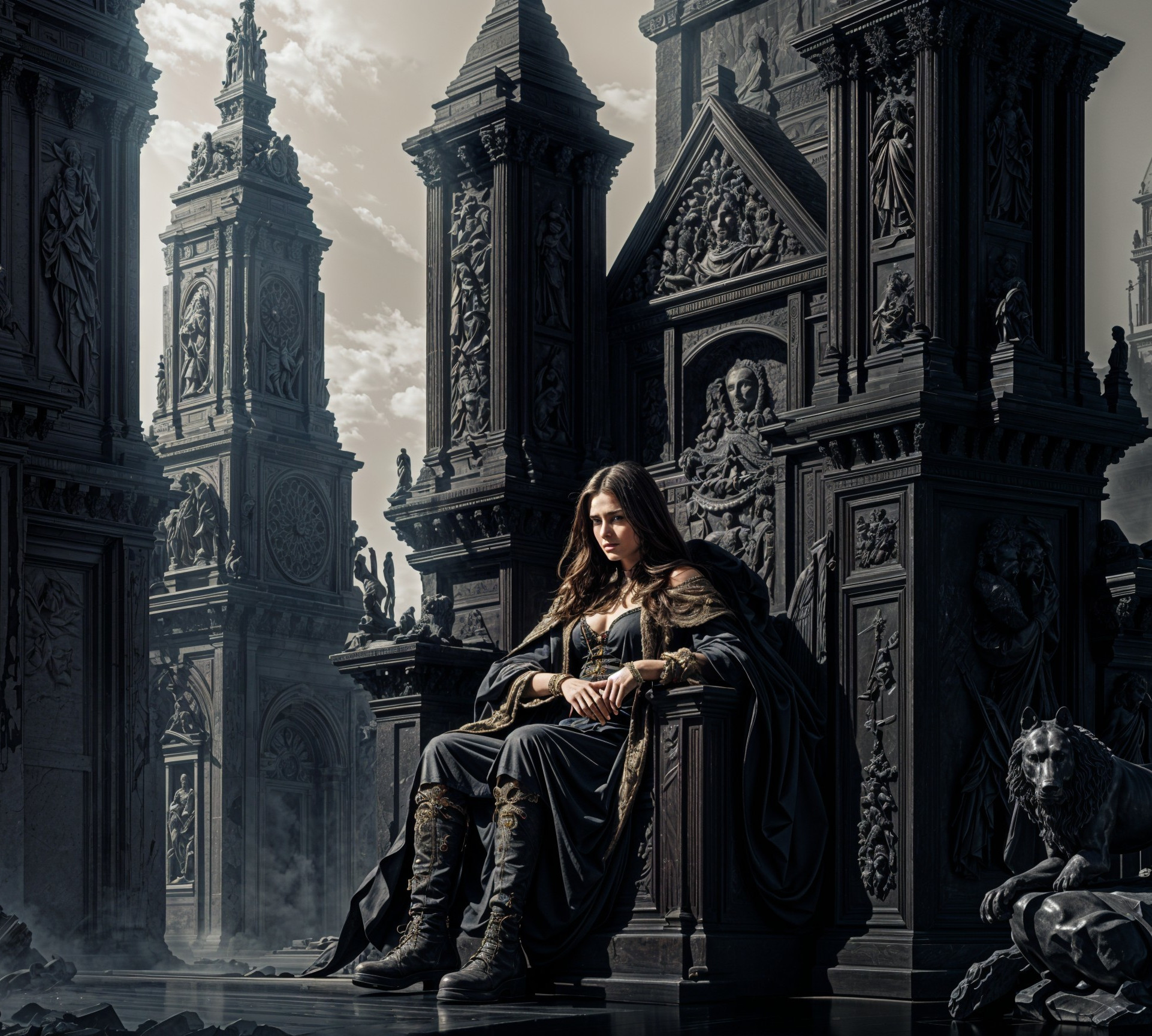 Regal Figure on Ornate Throne in Gothic Setting