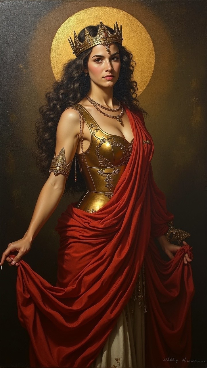 Regal woman in red gown with crown and jewelry