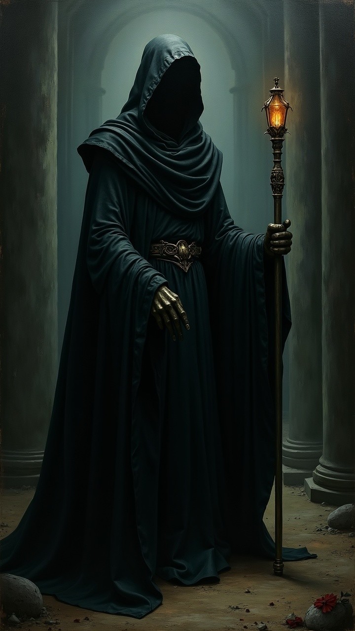 Cloaked Figure in Dimly Lit Ancient Corridor