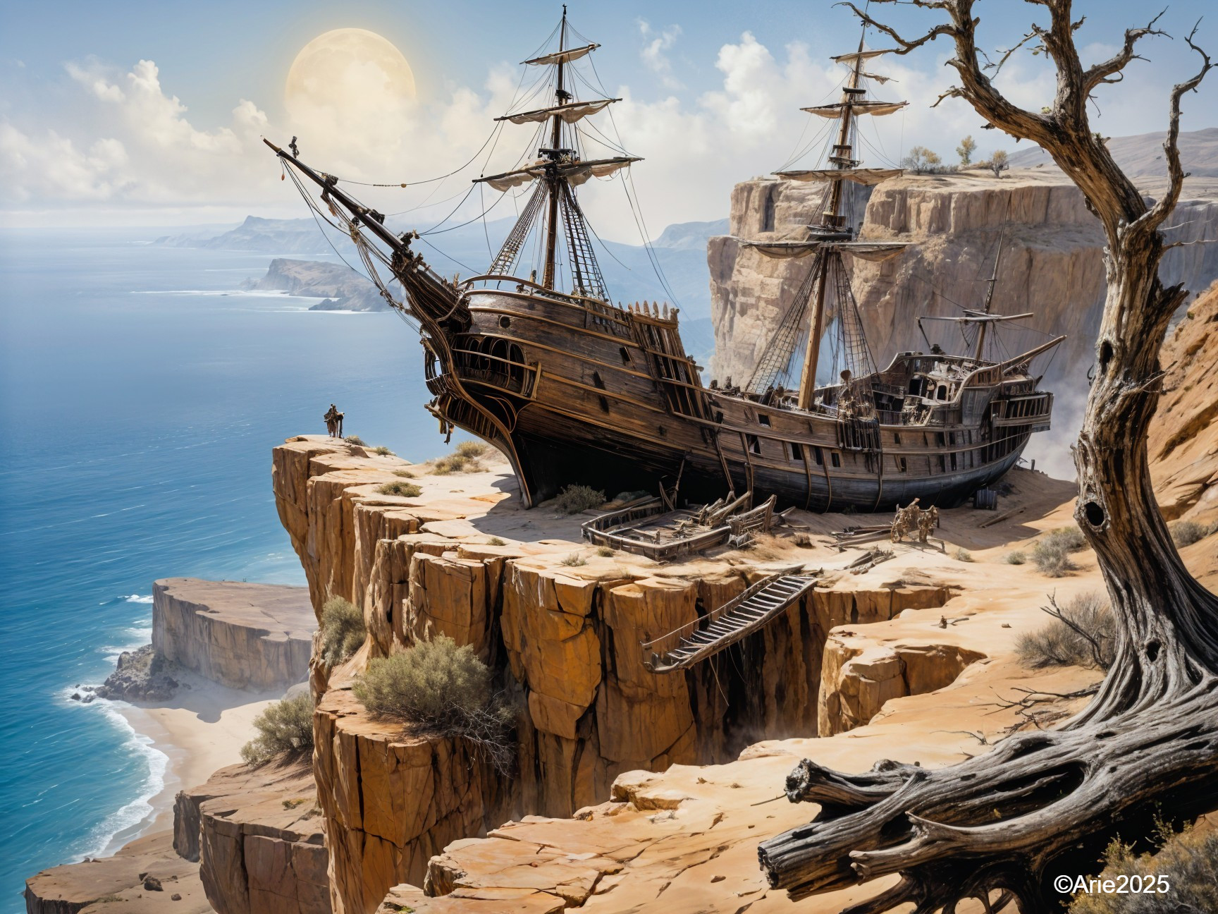 Weathered Ship on Rocky Cliff with Scenic Sea View