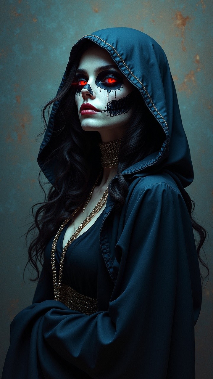 Mysterious Figure in Dark Robe with Red Eyes and Jewelry