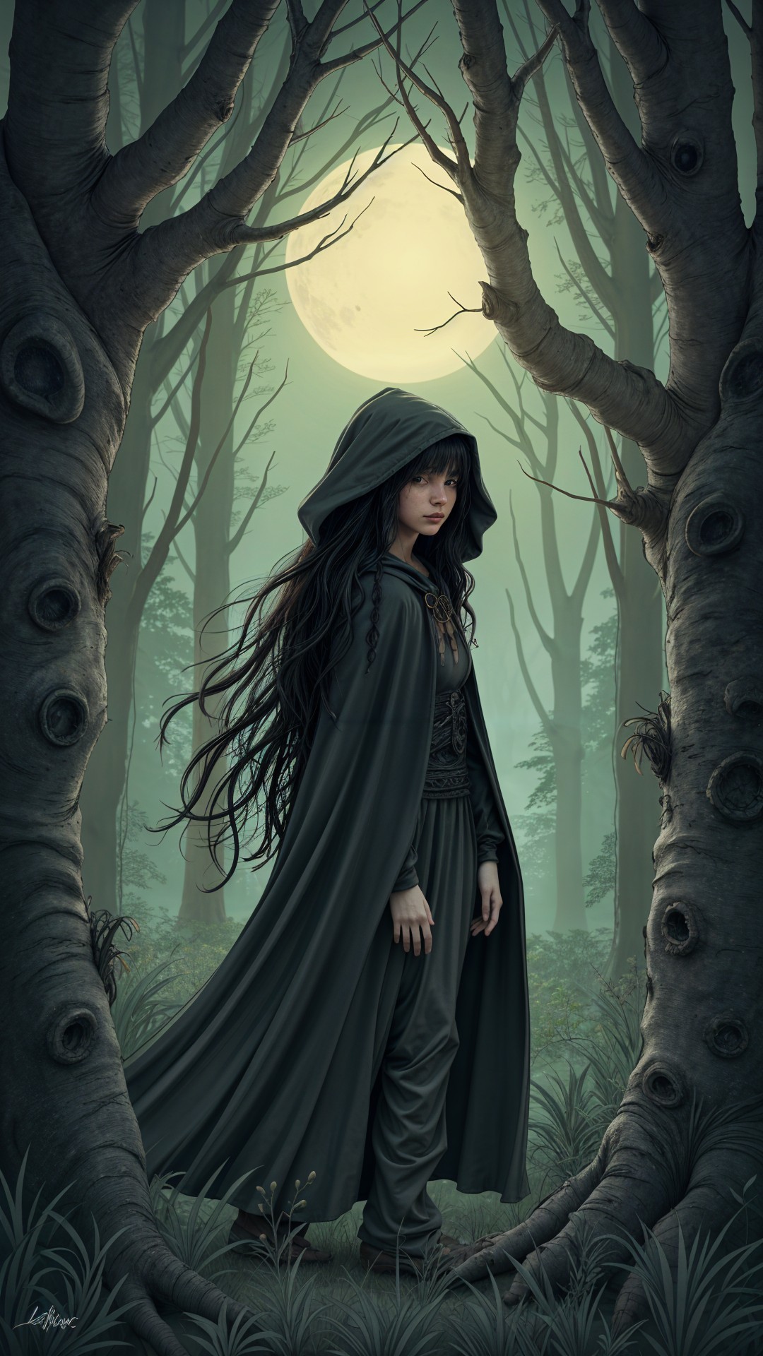 Young woman in dark garments in a mystical forest