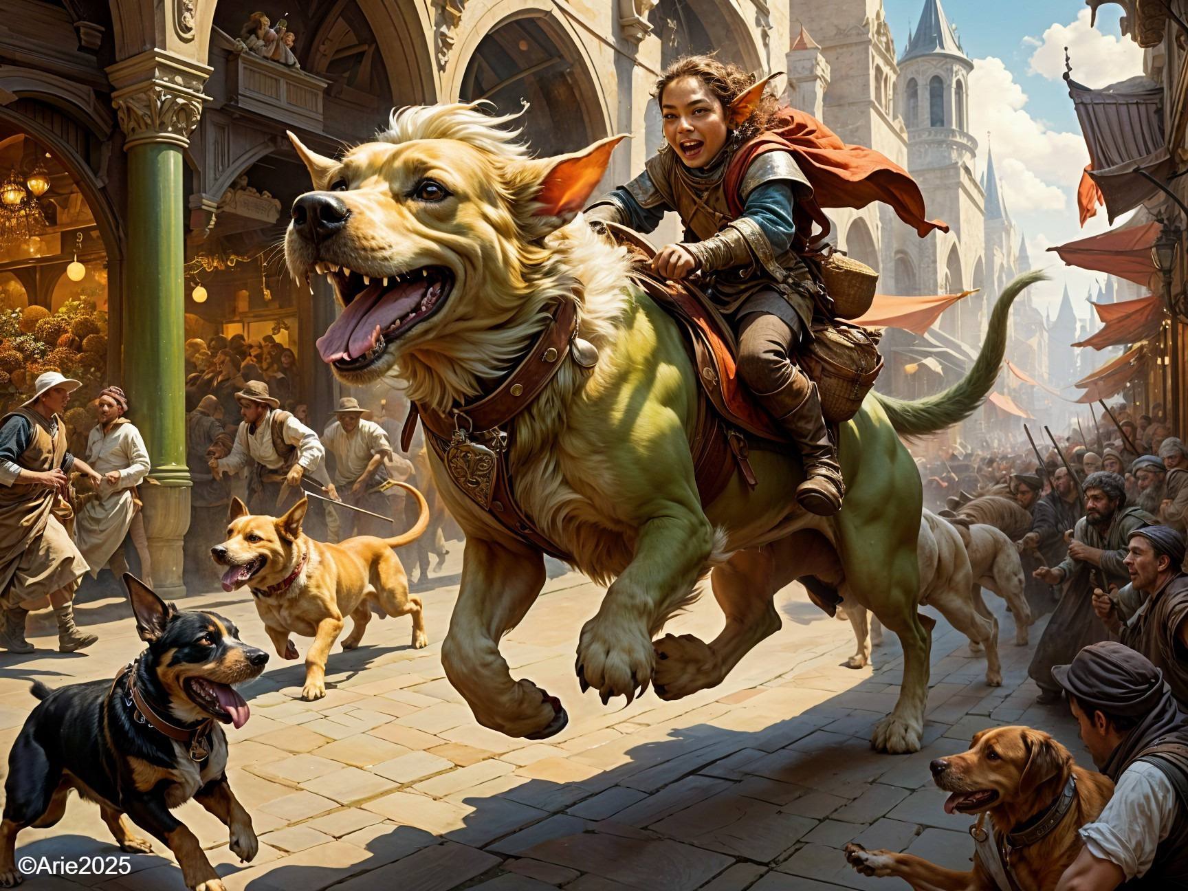Medieval Marketplace Scene with Dogs and Joyful Girl